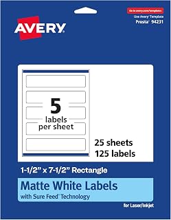 Avery® Matte White Rectangle Labels, Sure Feed® Technology, 1.5" x 7.5", 125 Matte White Printable Labels