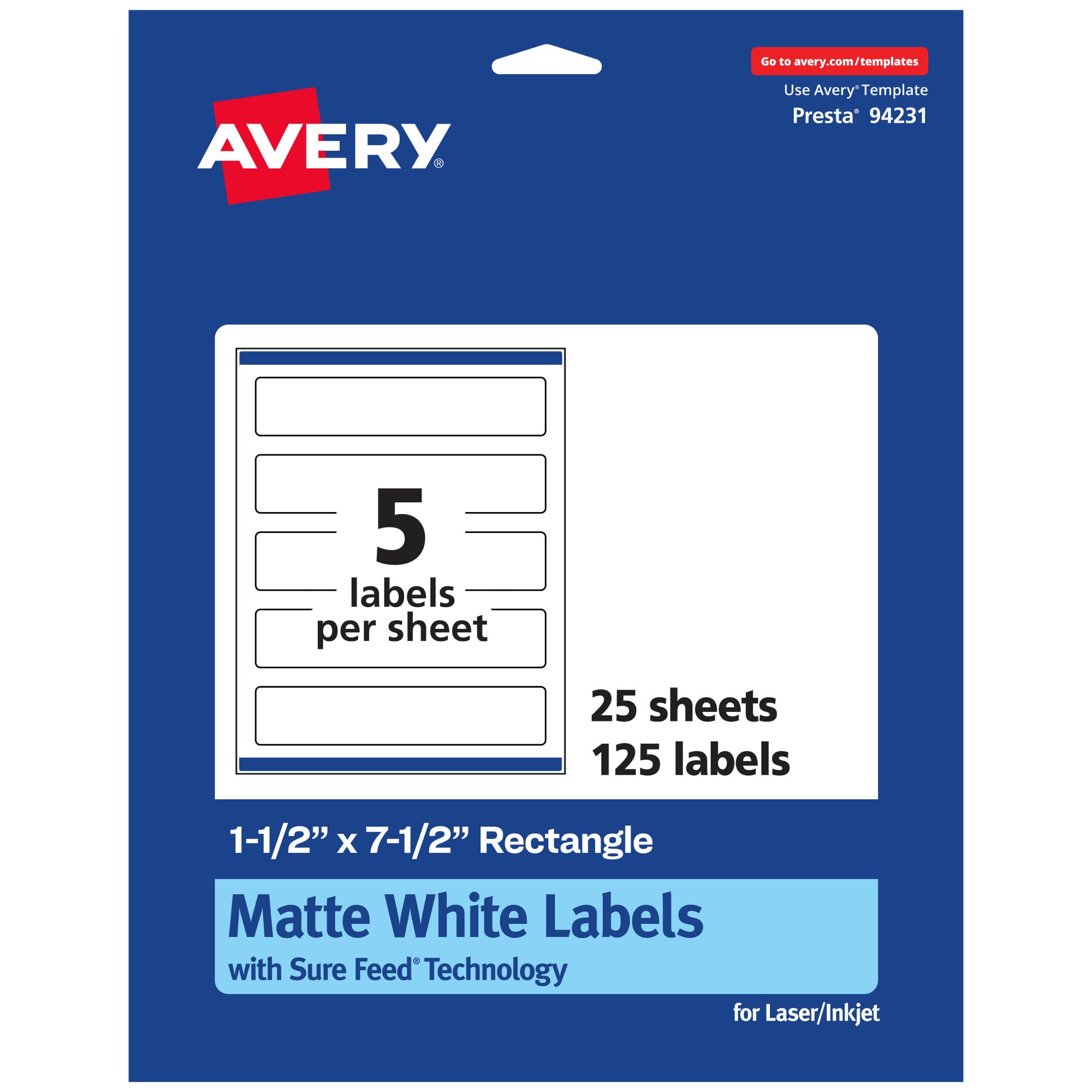 Avery Matte White Rectangle Labels, Sure Feed Technology, 1.5" x 7.5", 125 Matte White Printable Labels