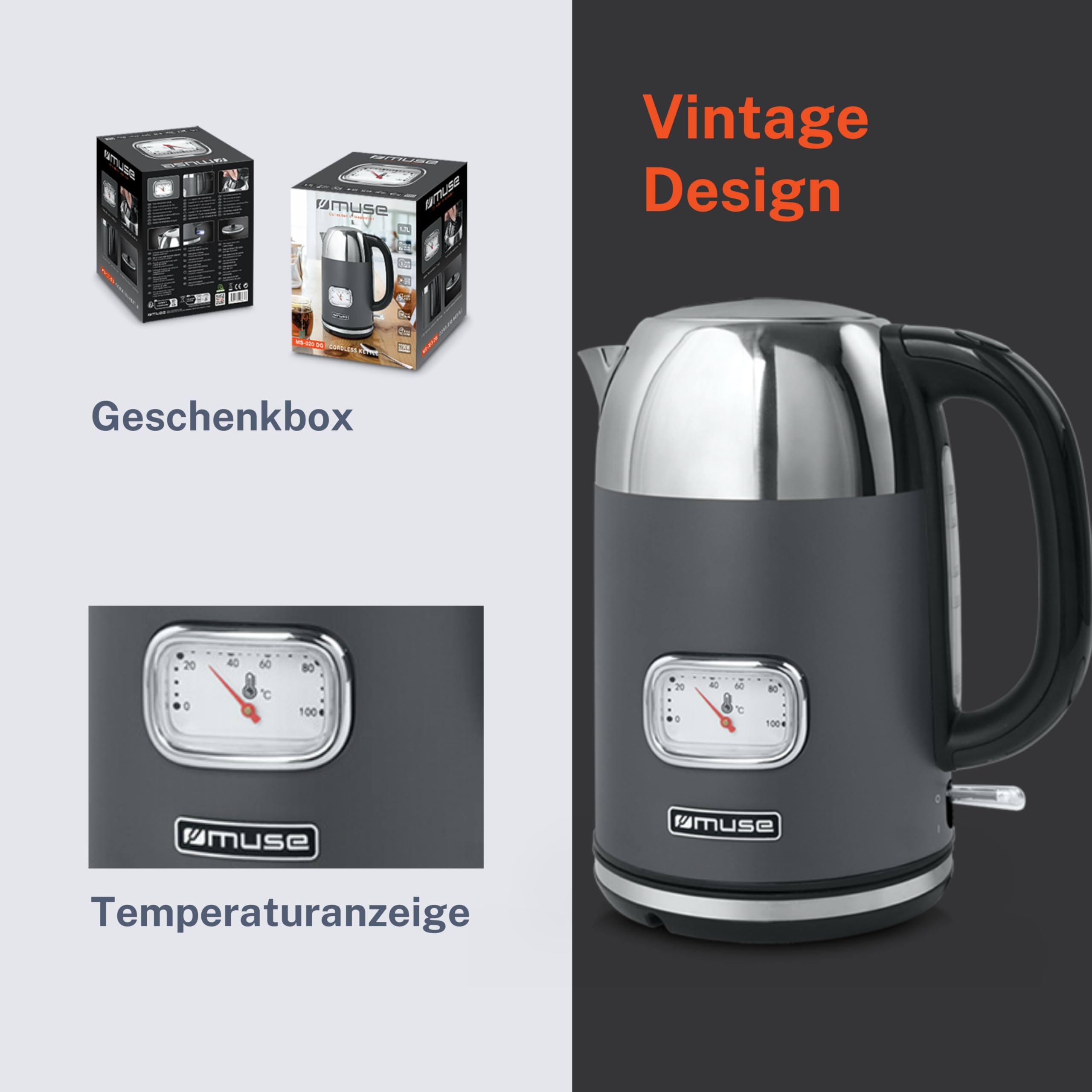 Bouilloire Sans Fil 1.7l 2200w Gris/inox - MS-020DG