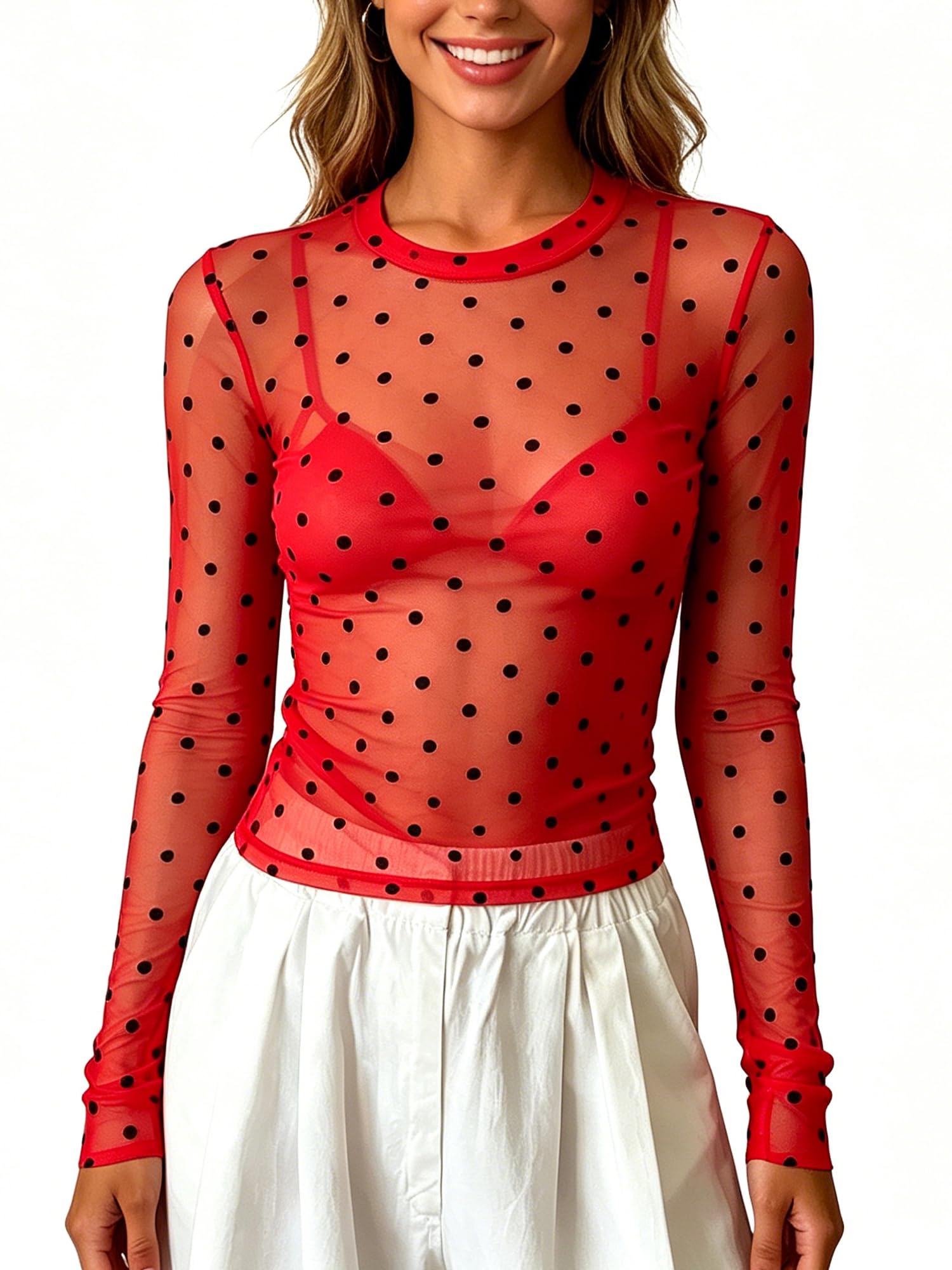 Acrawnni Women's Sexy See Through Slim Fit Shirts Long Sleeve Sheer Mesh Tops (A-Red, L)