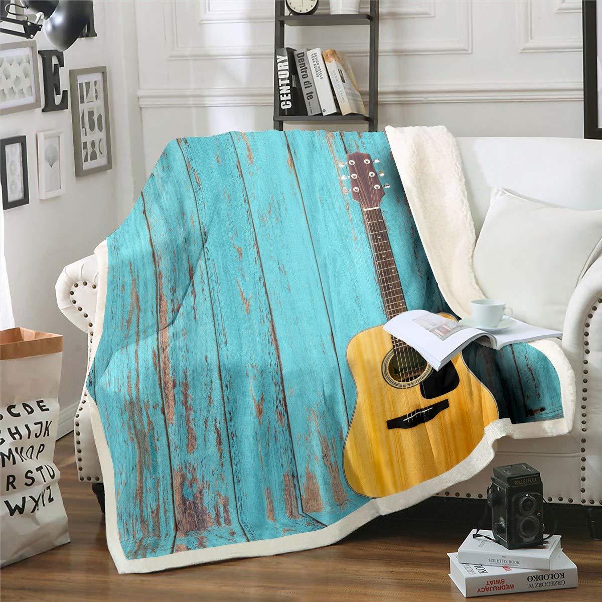 Coperta in peluche per chitarra 3D con tema rock music sherpa, per bambini, ragazzi, ragazze, scene in legno, coperta in pile, stile country fuzzy per divano letto, divano e letto king size, 200 x