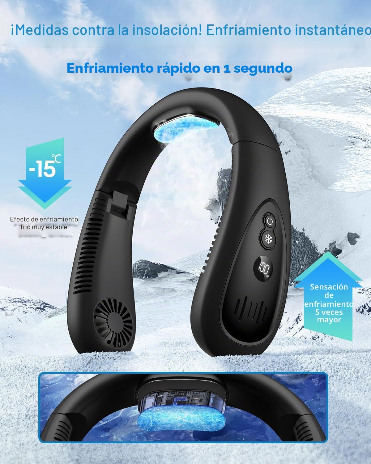 Aire acondicionado para el cuello, ventilador portátil para el cuello con placa de refrigeración, flujo de aire de refrigeración de 360°, ventilador USB recargable de 5000 mAh, manos libres, sin aspas
