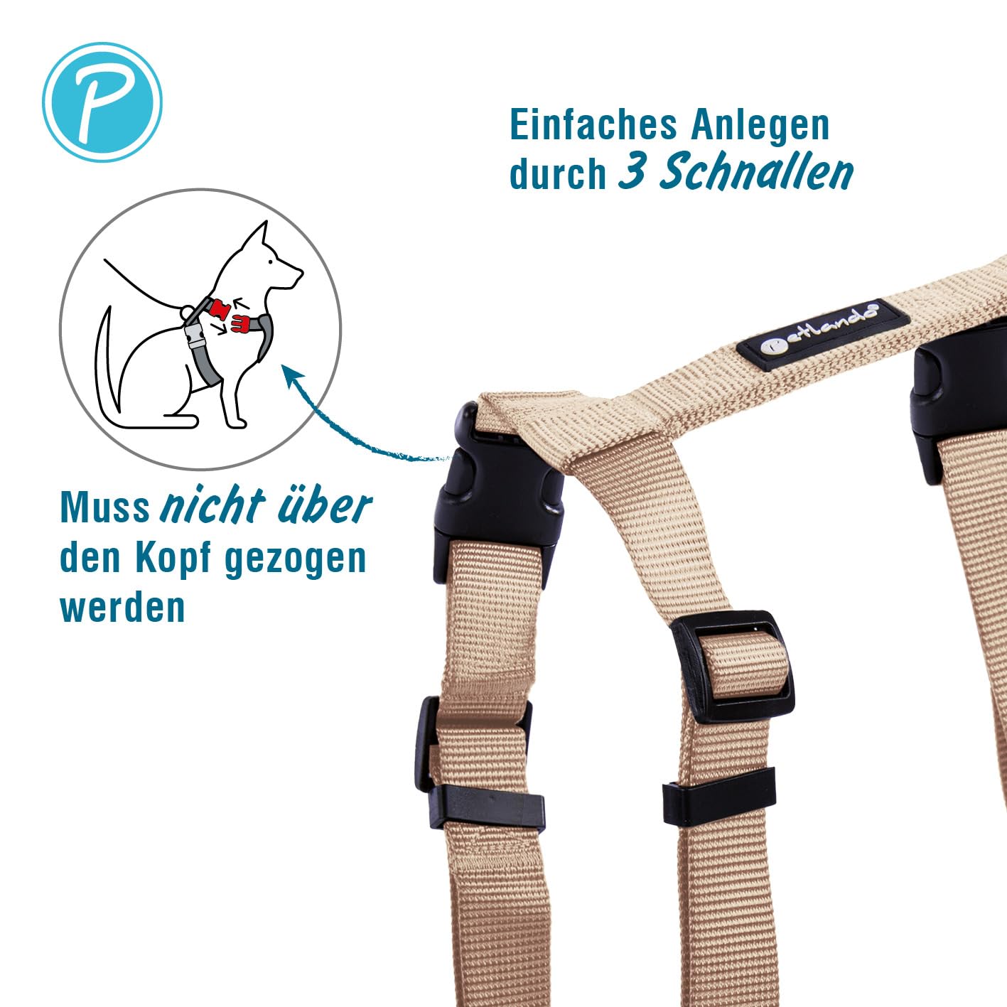 Petlando Hundegeschirr leicht anzulegen, Ohne Über-Kopf-Ziehen, Brustgeschirr stufenlos verstellbar, robust, komfortabel & pflegeleicht, Basic Comfort Geschirr für mittelgroße Hunde, Champagner, M