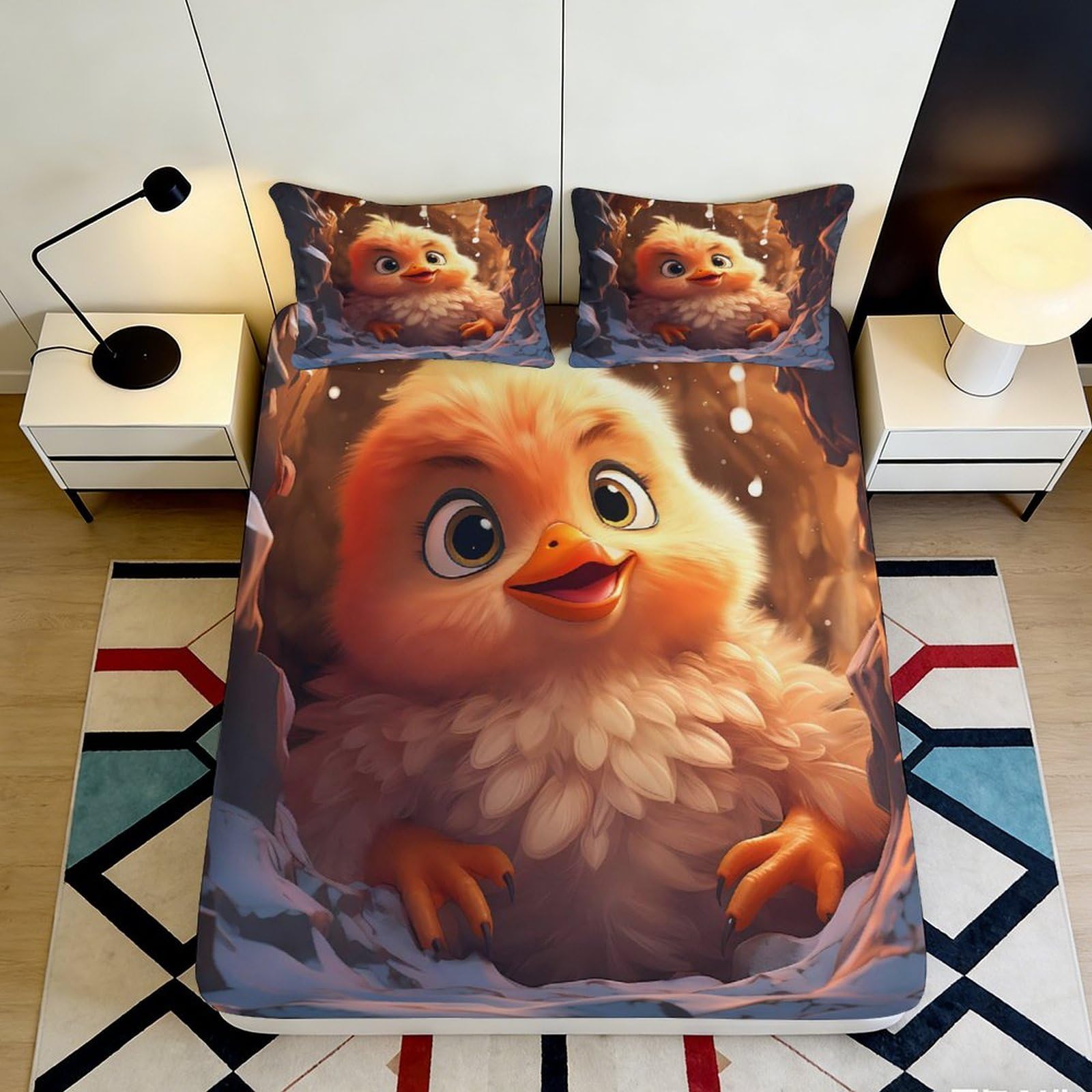 3D Printed Cute Chick Fitted Sheet Microfiber Soft Touch Cartoon Bird Mattress Cover Bedroom Dorm Decor 90x200x25cm