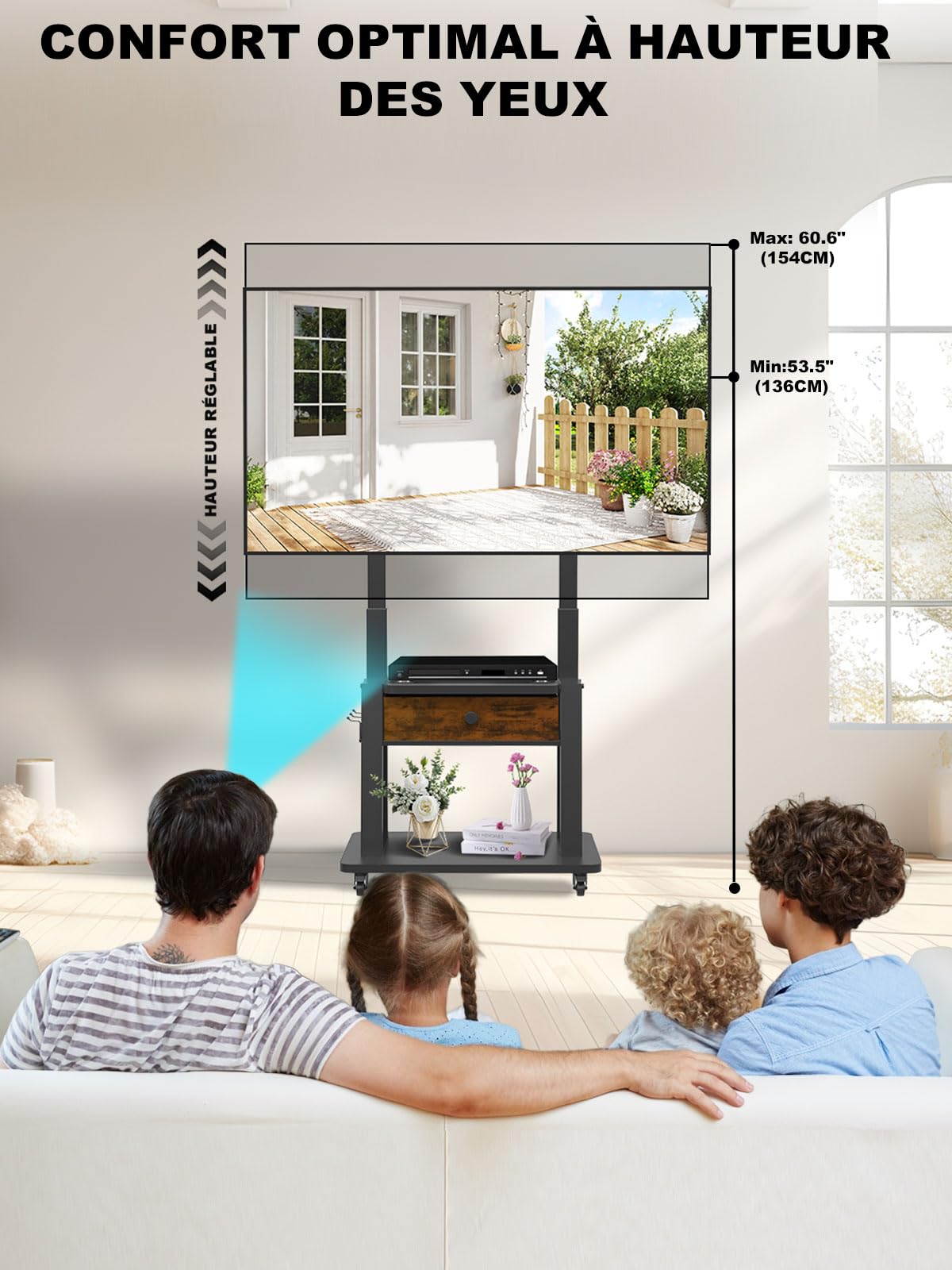 Support TV Roulant avec tiroir de Rangement en Tissu pour écran Plat/incurvé de 32 à 75 Pouces jusqu'à 100 kg LCD/LED/OLED Hauteur réglable Chariot TV Mobile avec Roues pour la Maison, Le Bureau et
