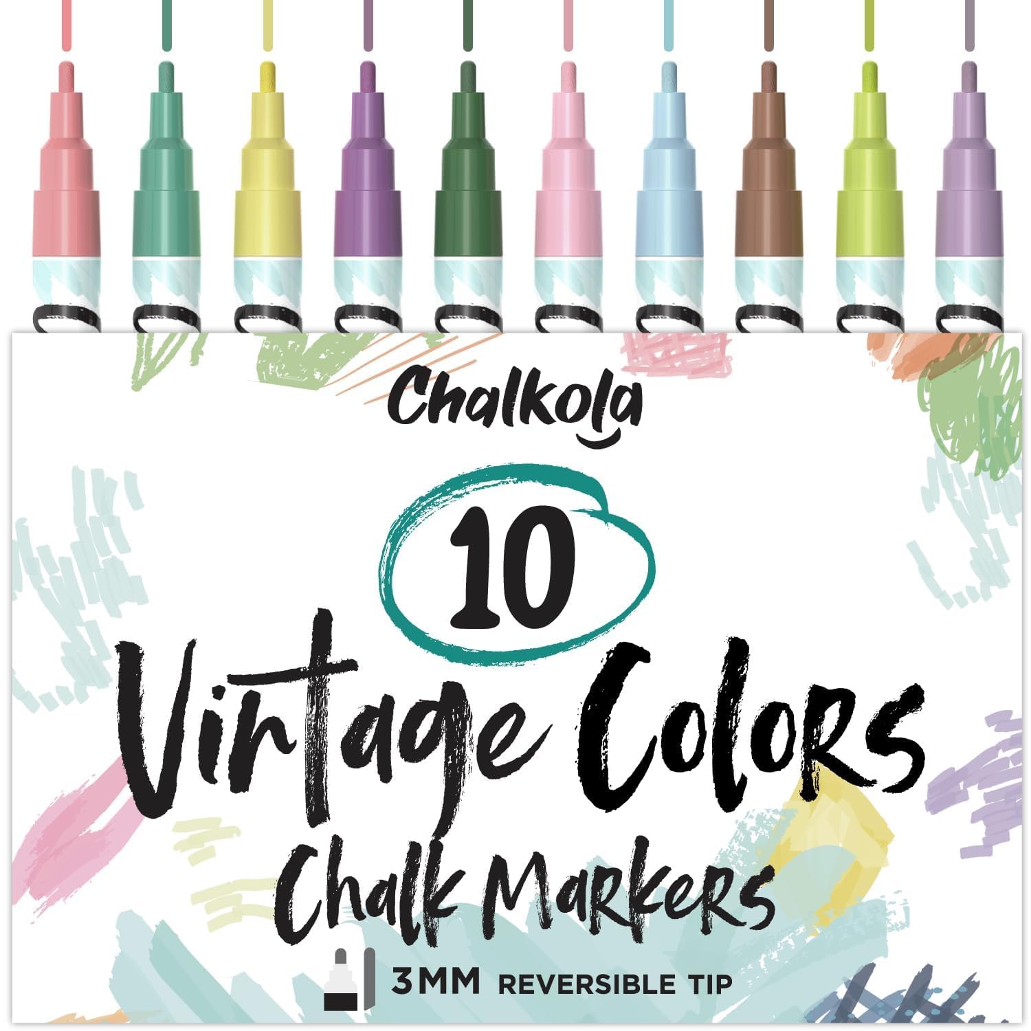 Chalkola Pennarelli A Gesso Liquido Per Lavagne (10 Colori Vintage) – Pennarelli A Punta Fine Cancellabili A Secco Per Lavagne, Cartelli, Finestre, Bistro – Punta Reversibile 3 Mm-image