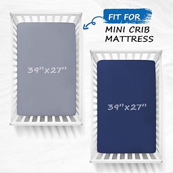 Pack and Play Sheets Boy Girl, 2 Pack Portable Playard Sheet Fits for Graco Pack N Play, Snug Fit Breathable Soft Fitted Playpen Sheet, Mini Crib Sheets, Grey & Navy