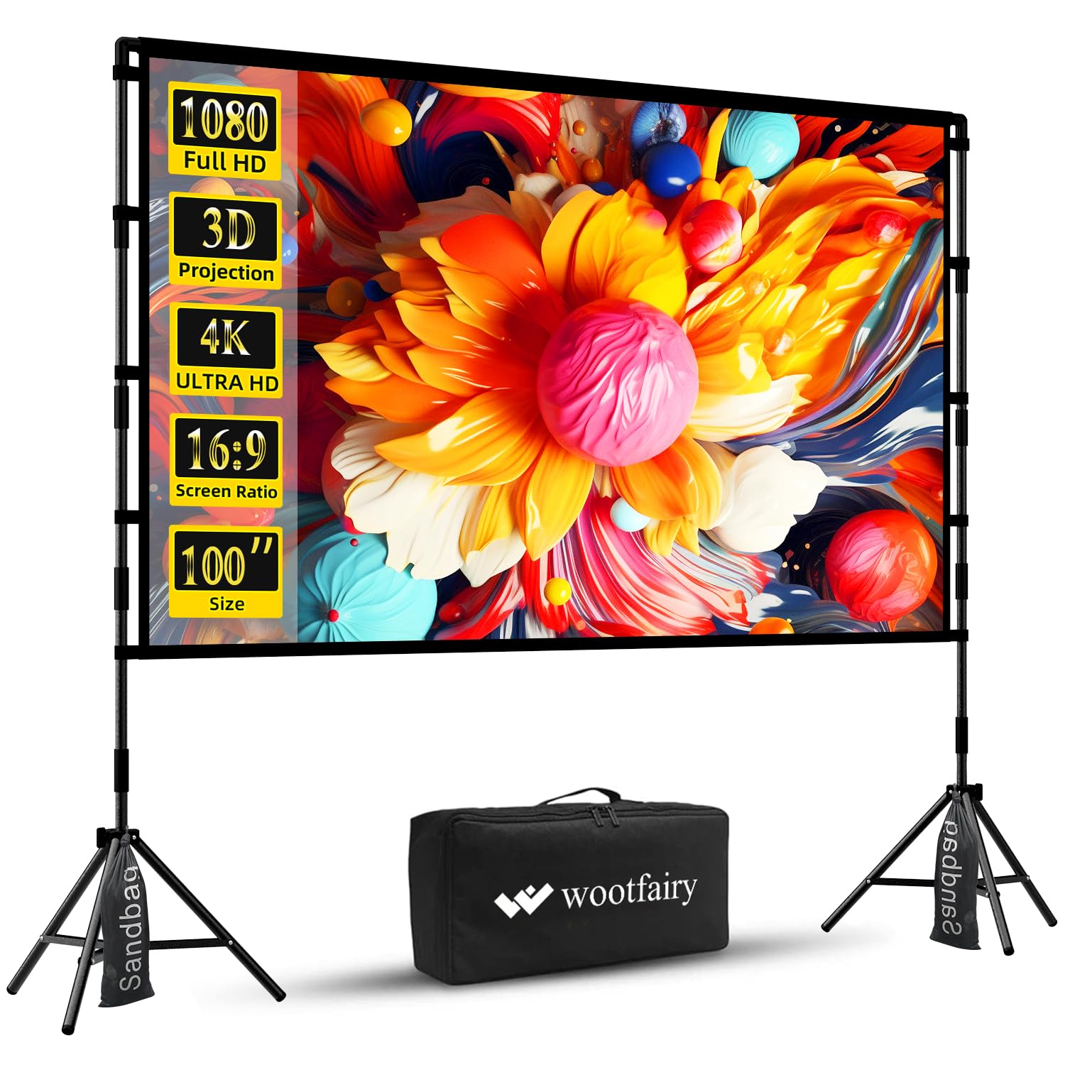 Projector Screen with Stand, Wootfairy 100 inch Foldable and Portable Projection Screen 16:9 4K HD Rear Front Wrinkle-Free Movie Screen with Carry Bag for Indoor Outdoor Home Theater Backyard Cinema
