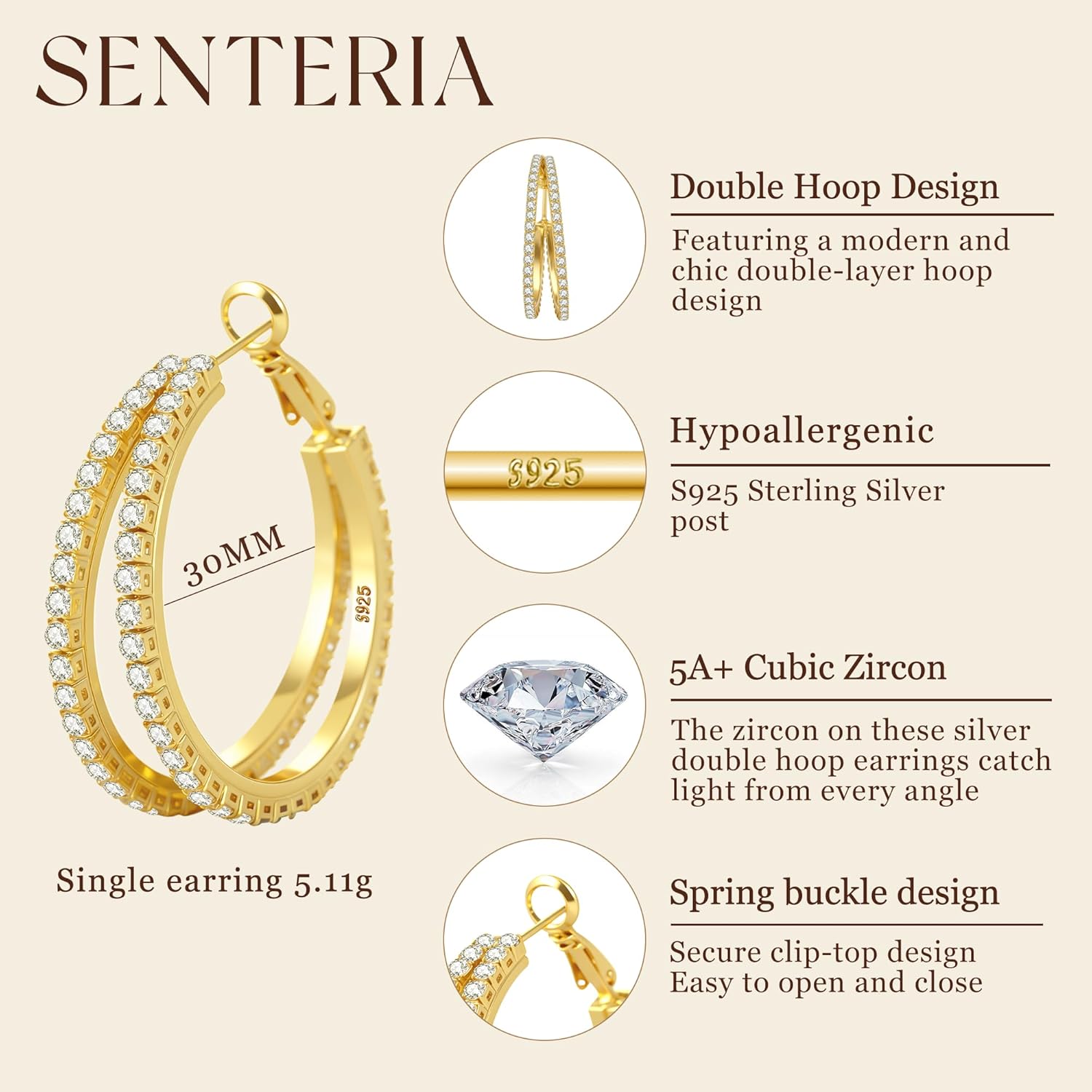 Senteria S925 Sterling Silver Hoop Earrings Hypoallergenic Silver Double Hoop Earring for Women Non Tarnish 14K Gold Plated Hoops with Cubic Zirconia Gold Double Hoops Earring for Women 25/30/40mm - Image 2