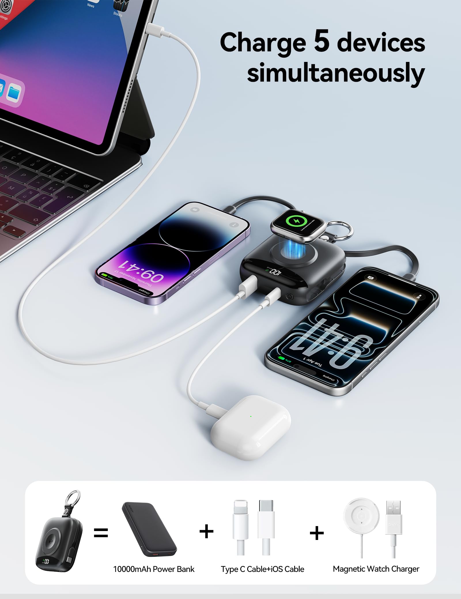 Caricabatterie portatile Power Bank, 10000 mAh, ricarica rapida con cavi integrati, portachiavi da viaggio con display a LED per iPhone, Samsung, Android, iPad, iWatch, caricabatterie 11/10/9/8/Ultra