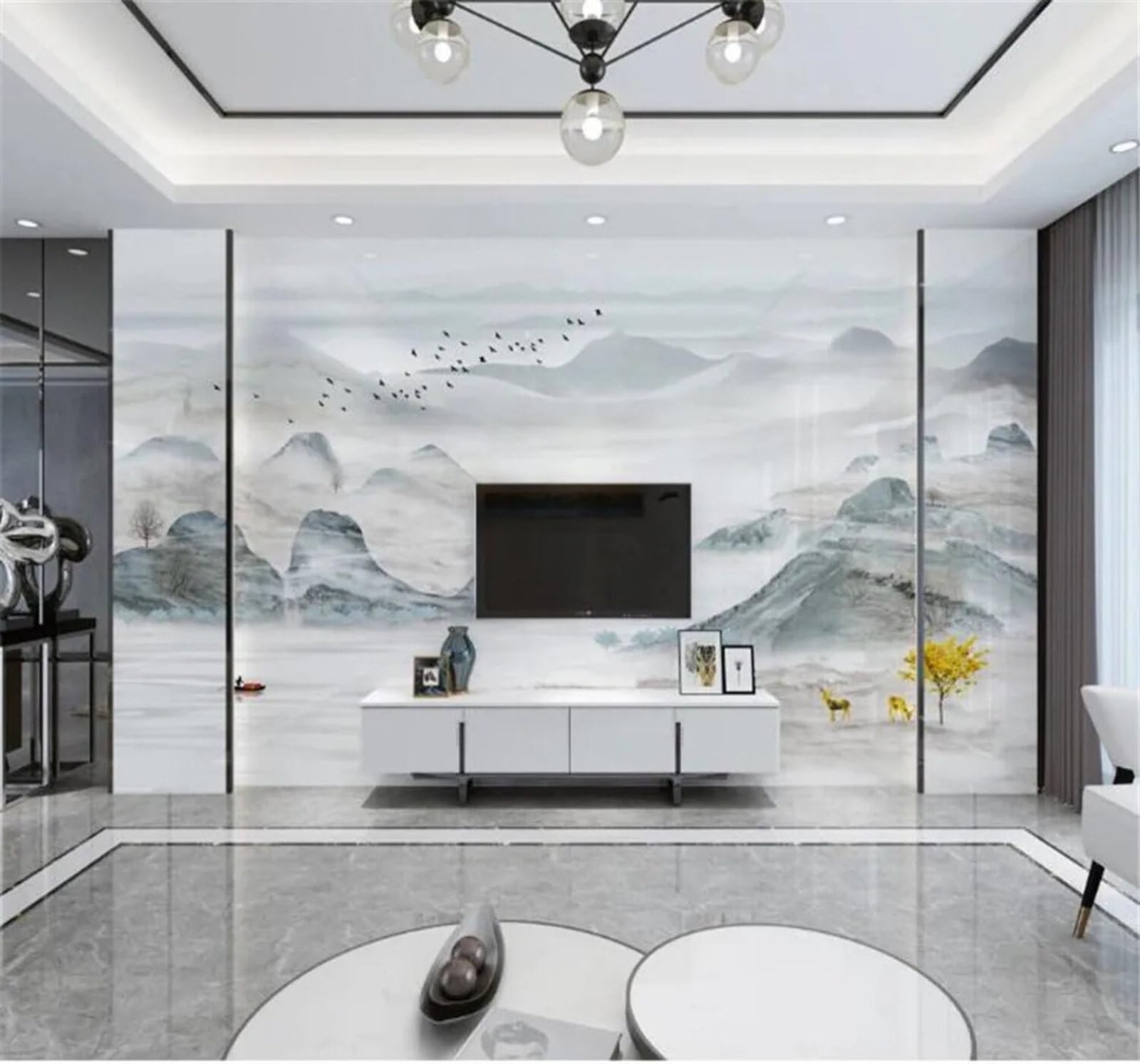 Tzxztt Ink Wash Landscape Artistic Atmosphere Scenery Faux Marble Modern 3D Wallpaper Premium Textured Silk Neutral Tones Material Ideal for Living Room Bedroom-150cm×105cm