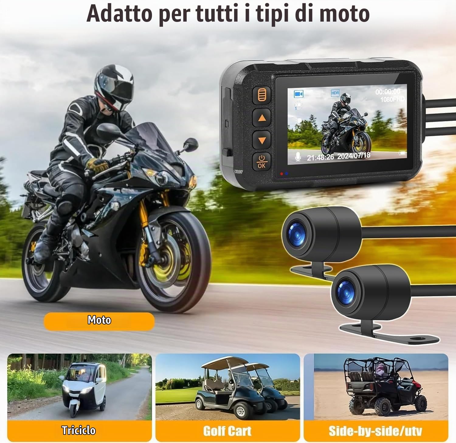 CAMECHO Moto Dash Cam 3 Pollici Schermo, IP67 Impermeabile Doppia Telecamere Grandangolare 120 Gradi 90 Gradi Fotocamera per Moto con HDR, G-Sensor, Registrazione in Loop