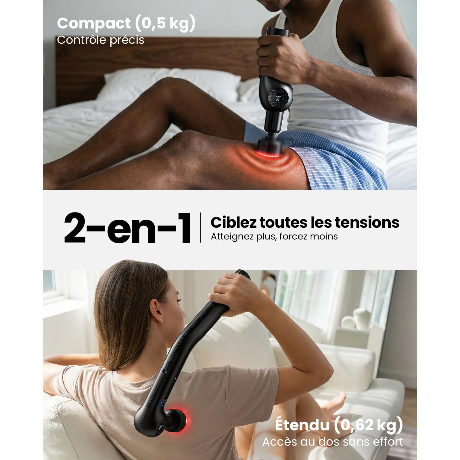 BOB AND BRAD Pistolet de Massage Musculaire avec Chaleur Infrarouge | Masseur de Dos 2 en 1 avec Poignée d'Extension, Mini Portable, Moteur sans Balais, Type-C, Cadeau Hommes et Femmes