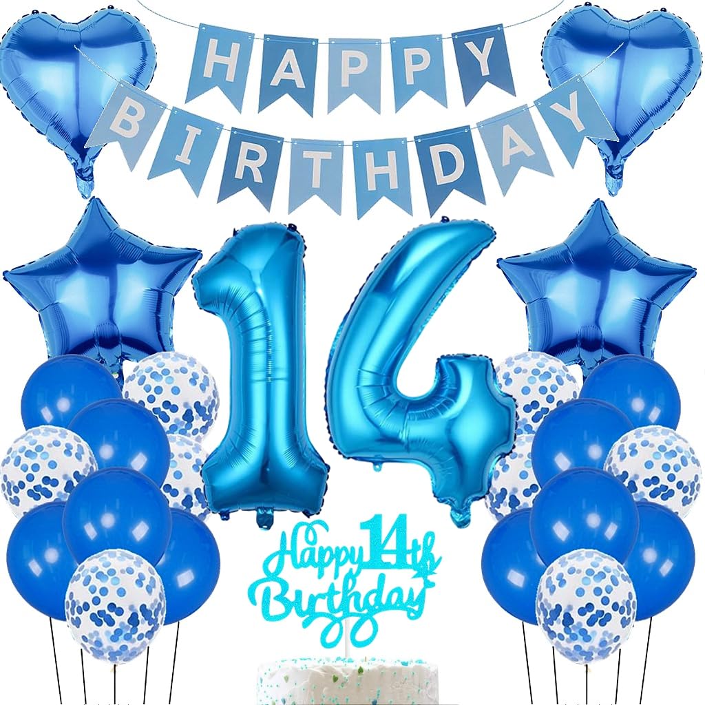 Anlgdi Birthday Decoration 14 Year Boy, Balloon 14th Birthday Decoration, Blue Foil Balloon 14th Birthday Boy Decoration, Happy Birthday Banner Decoration 14th Birthday Boy, Decoration 14th Birthday