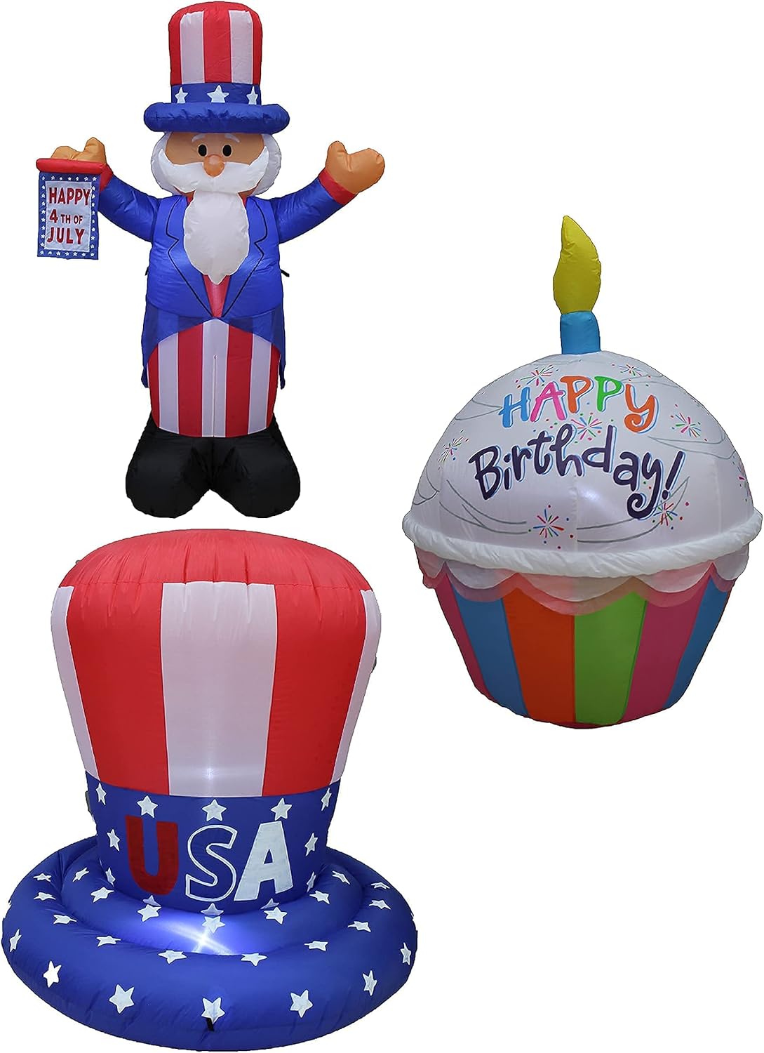 Three Patriotic Independence Day and Birthday Party Decorations Bundle Includes 4 Foot Tall Inflatable Uncle Sam and American USA Flag Top Hat, Plus 4 Foot Tall Happy Birthday Cupcake