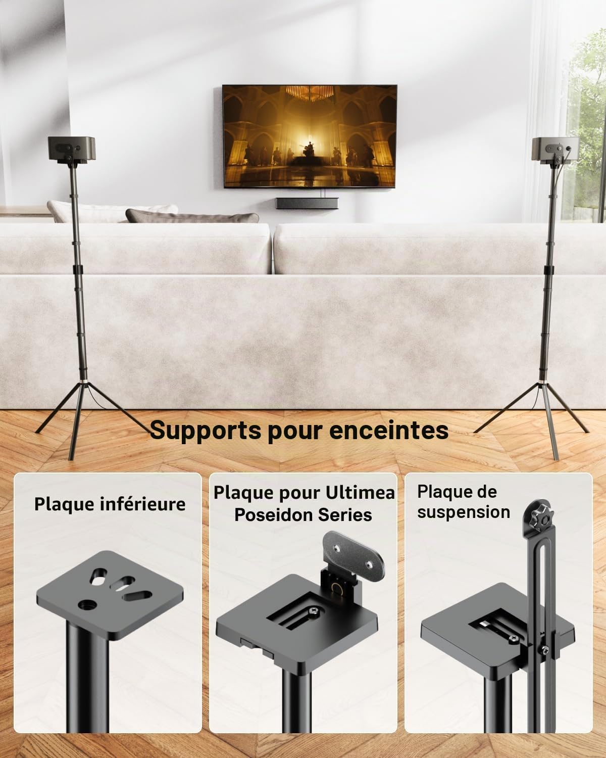 ULTIMEA Steady 310 – Lot de 2 Supports d’Enceintes universels Noirs, réglables en Hauteur de 62 à 93 cm, pour Enceintes Satellites et de bibliothèque, Charge maximale de 3 k