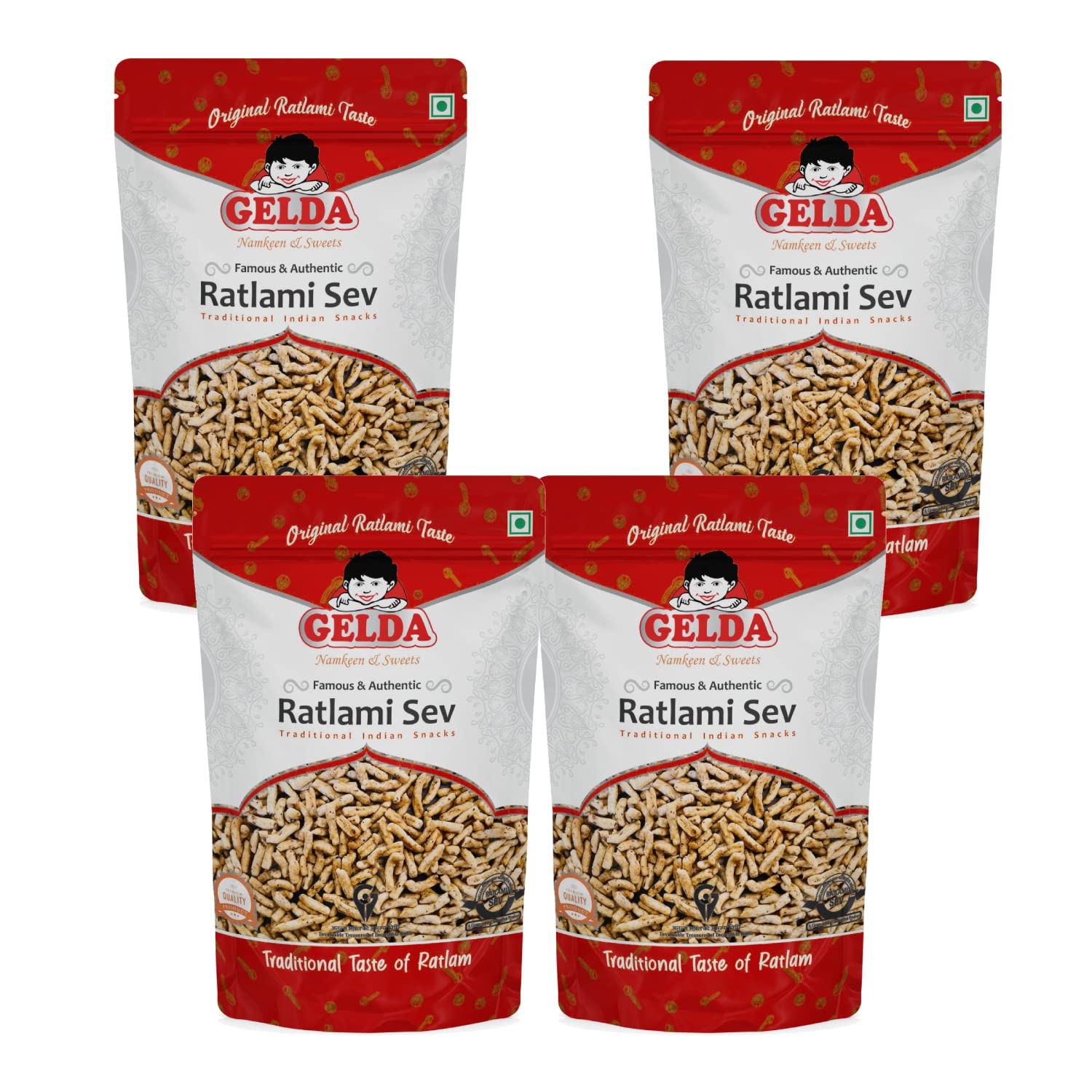 Gelda Namkeen Ratlami Sev | Handmade Traditional Spicy Authentic Ratlami Snacks | (Spicy Laung Sev (Moti), 250g x 4)