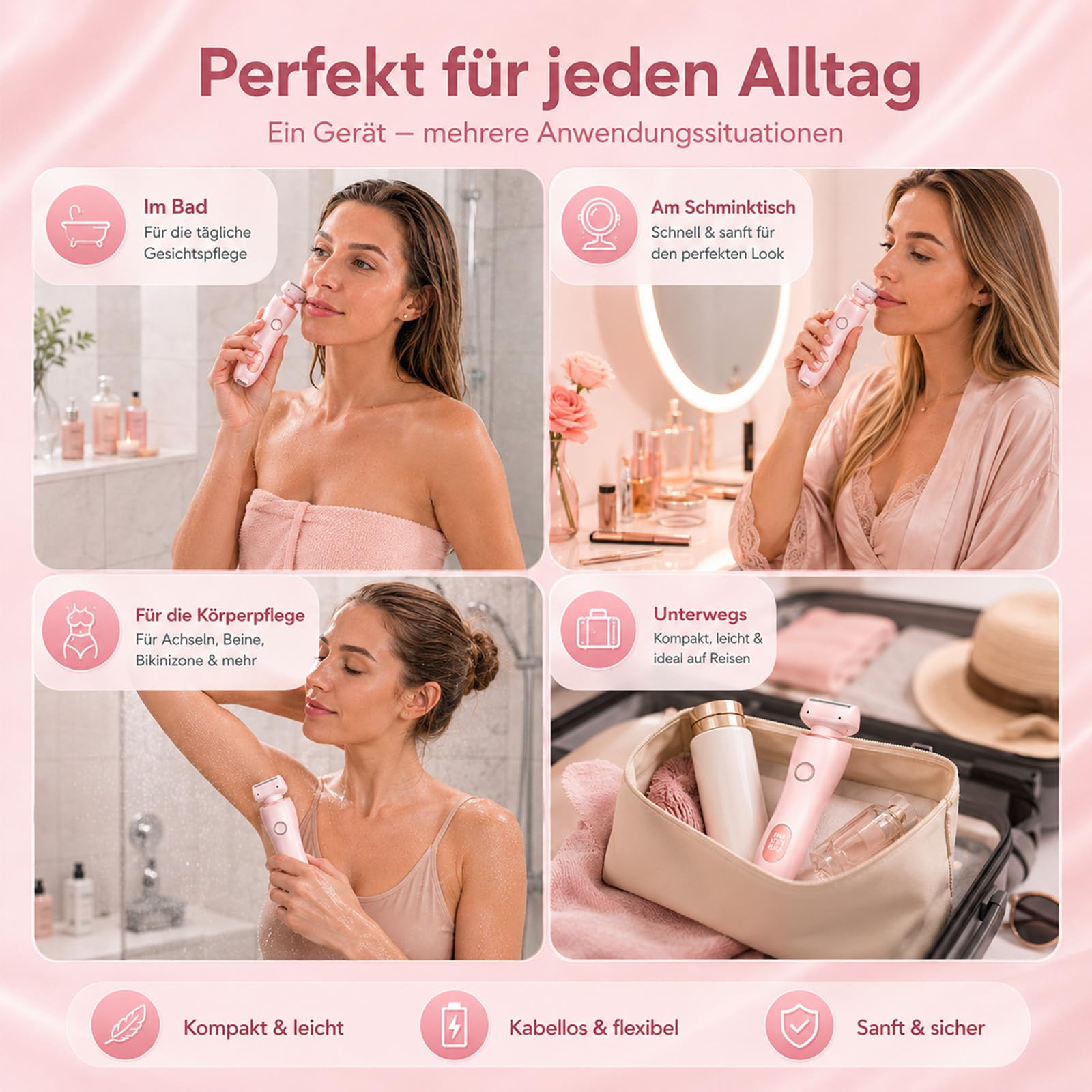 Boulina Rasierer 2.0, Aluvea Smooth Trim, Sanfte Haarentfernung, Ergonomisches Design, Trocken & Nassbetrieb (Rosa)