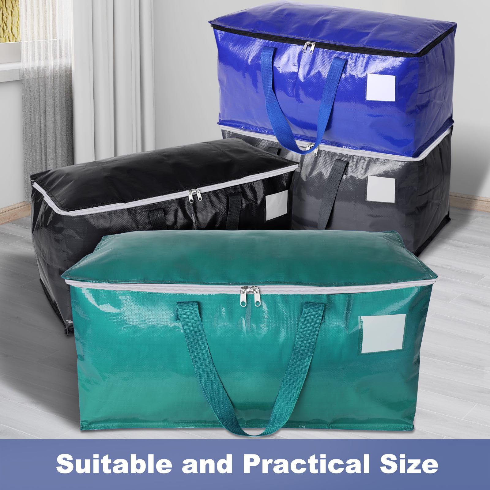 StorageRight Umzugstaschen, robuste Umzugskartons, Aufbewahrungsboxen mit Reißverschluss, verstärkte Griffe und Tasche mit Etiketten, zusammenklappbar, für Umzug, Lagerung und Reisen, 93 l, vier
