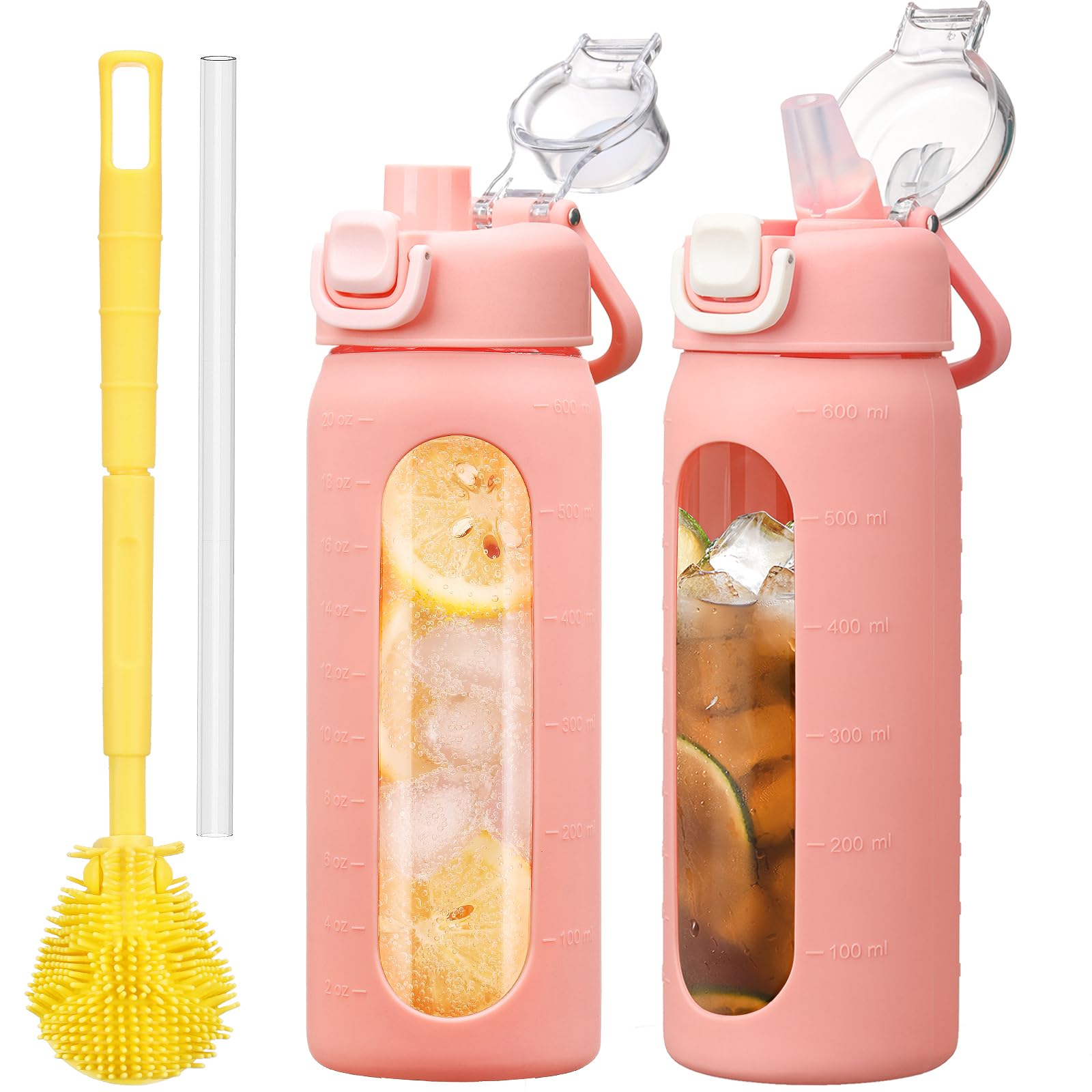 HYDRAGLAZIC 600ml Glass Water Bottle with Straw Reusable Water Bottle with Non-Slip Silicone Sleeve Wide Mouth Leak-Proof for Coffee, Tea and Water,BPA-free, Dishwasher Safe,Pink