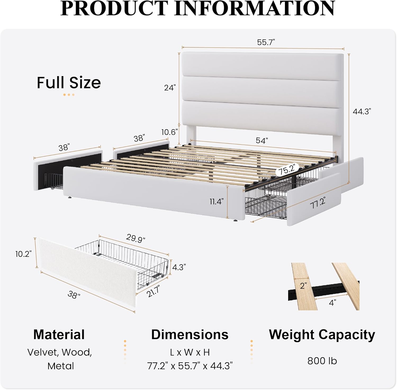 SHA CERLIN Full Size Platform Bed Frame with 4 Storage Drawers, Velvet Upholstered Headboard, Mattress Foundation with Wooden Slats Support, No Box Spring Needed, Easy Assembly, White