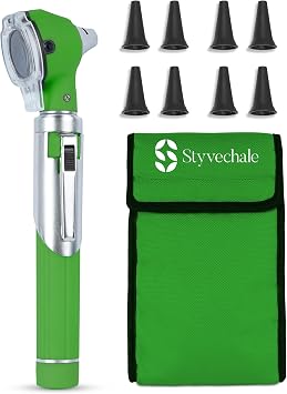 Compact Fiber Optic Otoscope Kit | 2.5V Halogen Light | Magnifying Lens | 2.5X Magnification | Portable ENT Diagnostic Set with 10 Free Specula and Carry Pouch Green