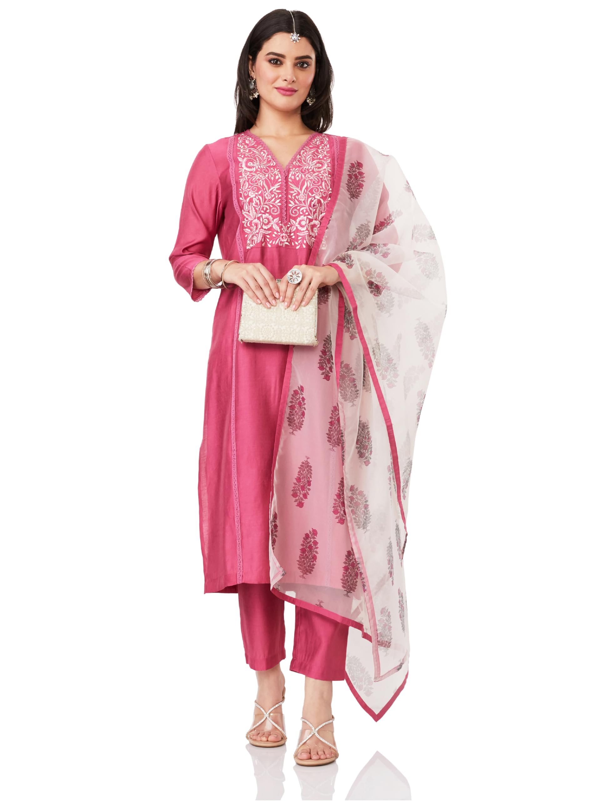 amazon brand - myx Women's Embroidered Kurta Pant Set with Organza Dupatta-picture-32