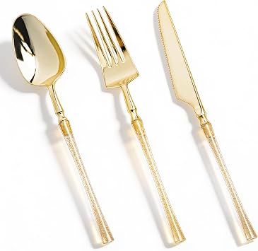150PCS Gold Plastic Silverware, Disposable Cutlery Silverware Set