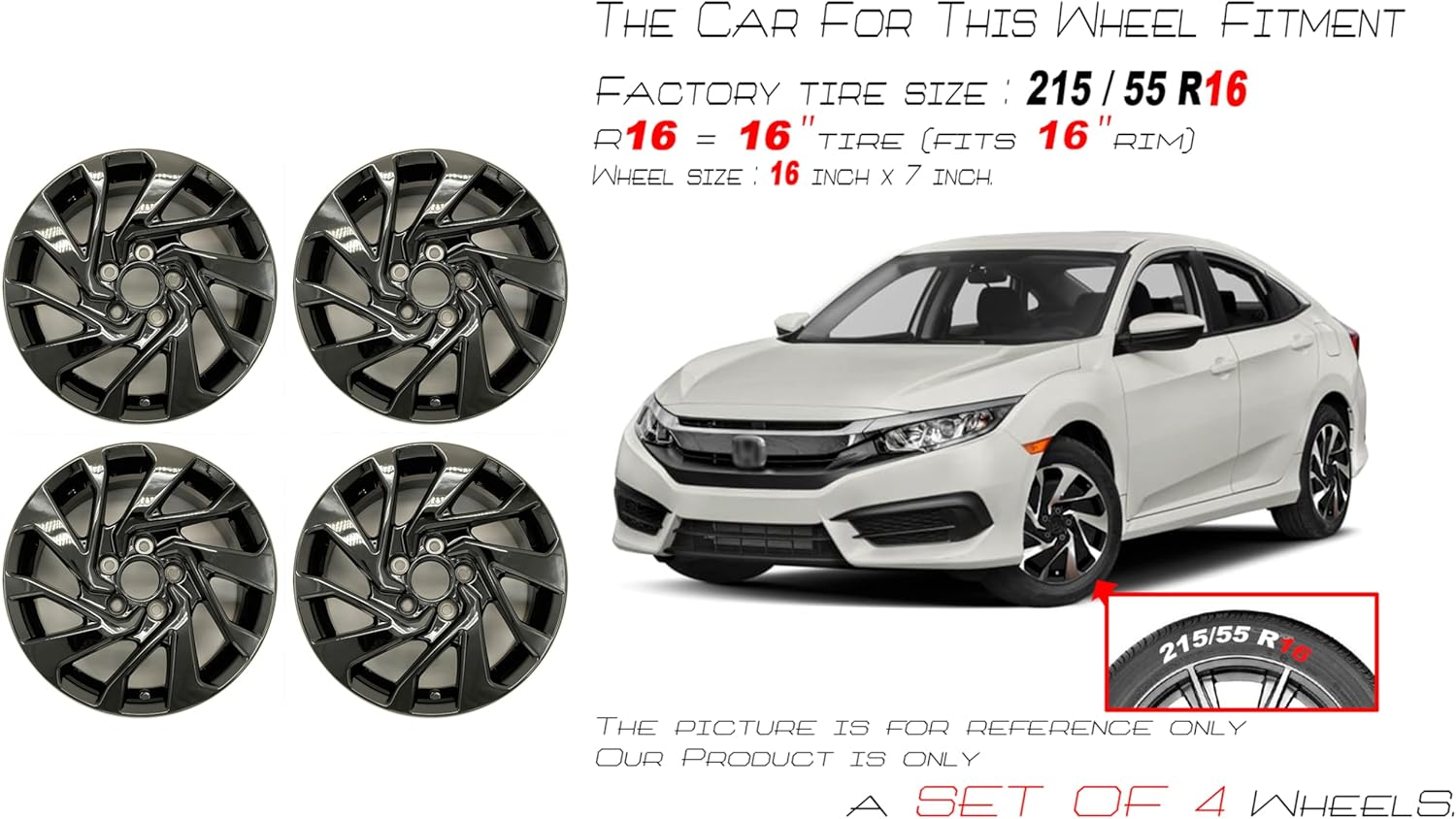 New Set of 16x7 Inch 16” Alloy Wheel for 2016–2021 Honda Civic | OEM Design Replacement Rim | Gloss Black Finish | Direct Fit - OE Stock Specs | 64095