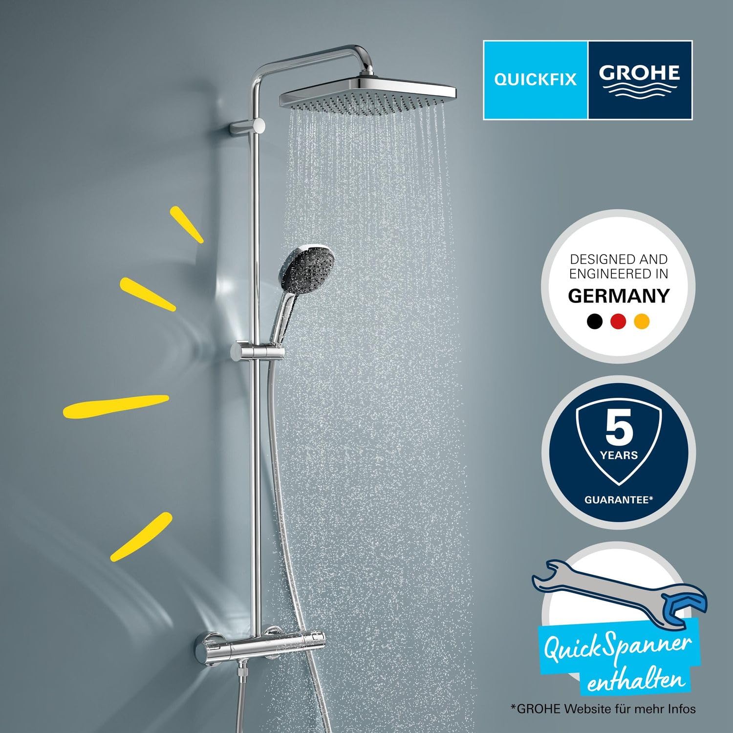 GROHE Vitalio 250, Duschsystem wassersparend 8l pro Min (Regendusche mit Thermostat, schwenkbare Kopfbrause, Sicherheitssperre bei 38C°, Duscharmatur mit Antikalk-System), eckig, chrom, 26696001
