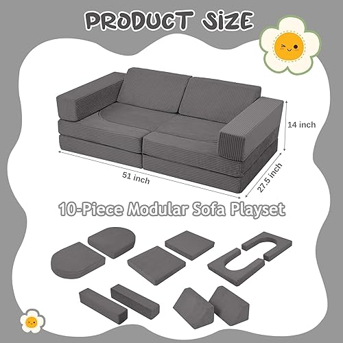 Miniatura 42 de MeMoreCool Sofá infantil para sala de juegos, sofá modular de 10 piezas, sofá convertible de pana, juego de construcción de fuerte de espuma para
