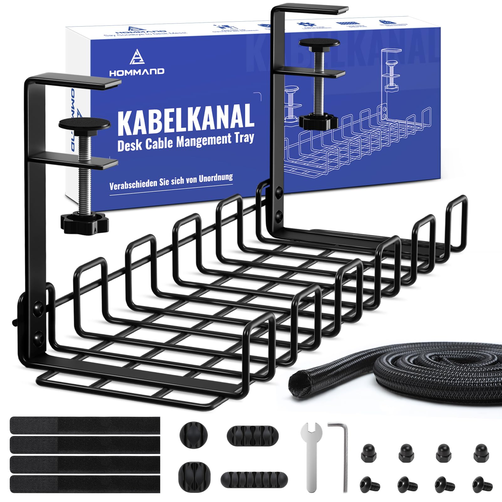 HOMMAND Under Desk Cable Management Tray, Upgraded Wire Management No Drill No Screws