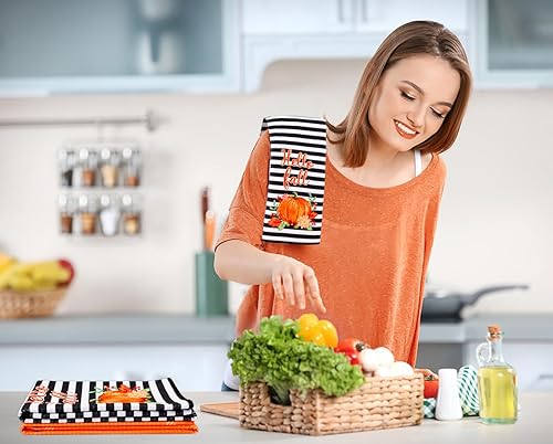 Miniatura 4 de D24TIME Juego de 2 toallas de cocina de otoño con texto en inglés "Hello Pumpkin", juego decorativo de otoño para casa de campo, secado a mano,