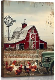 Craftline - Framed Rustic Vintage Farm Canvas Wall Art Old Barn Truck Chicken Hen Paintings Country Landscape Farmhouse Artwork for Living Room Dining Room Kitchen 28x40inch