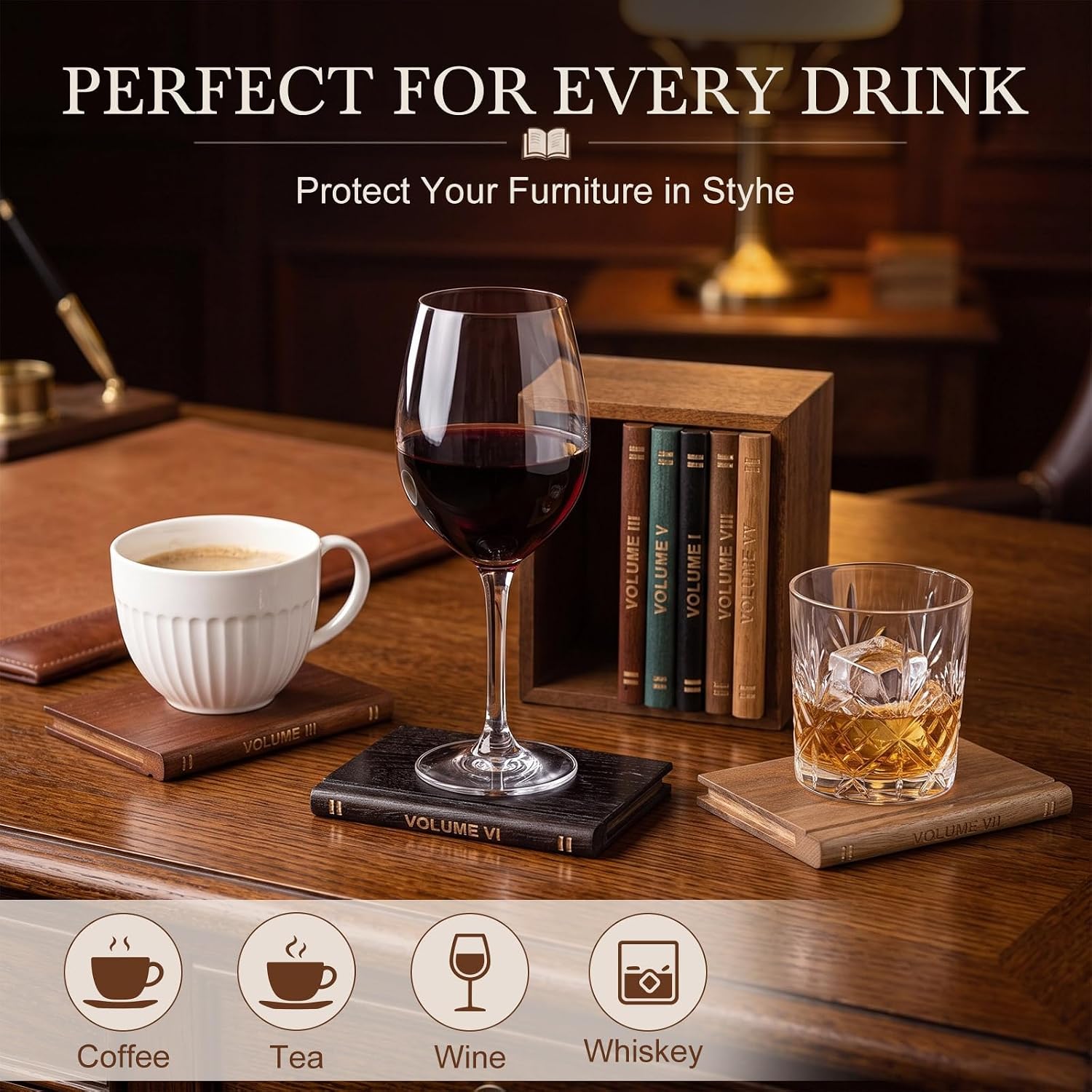 Book Coasters Set of 8 with Mini Wooden Bookshelf Holder