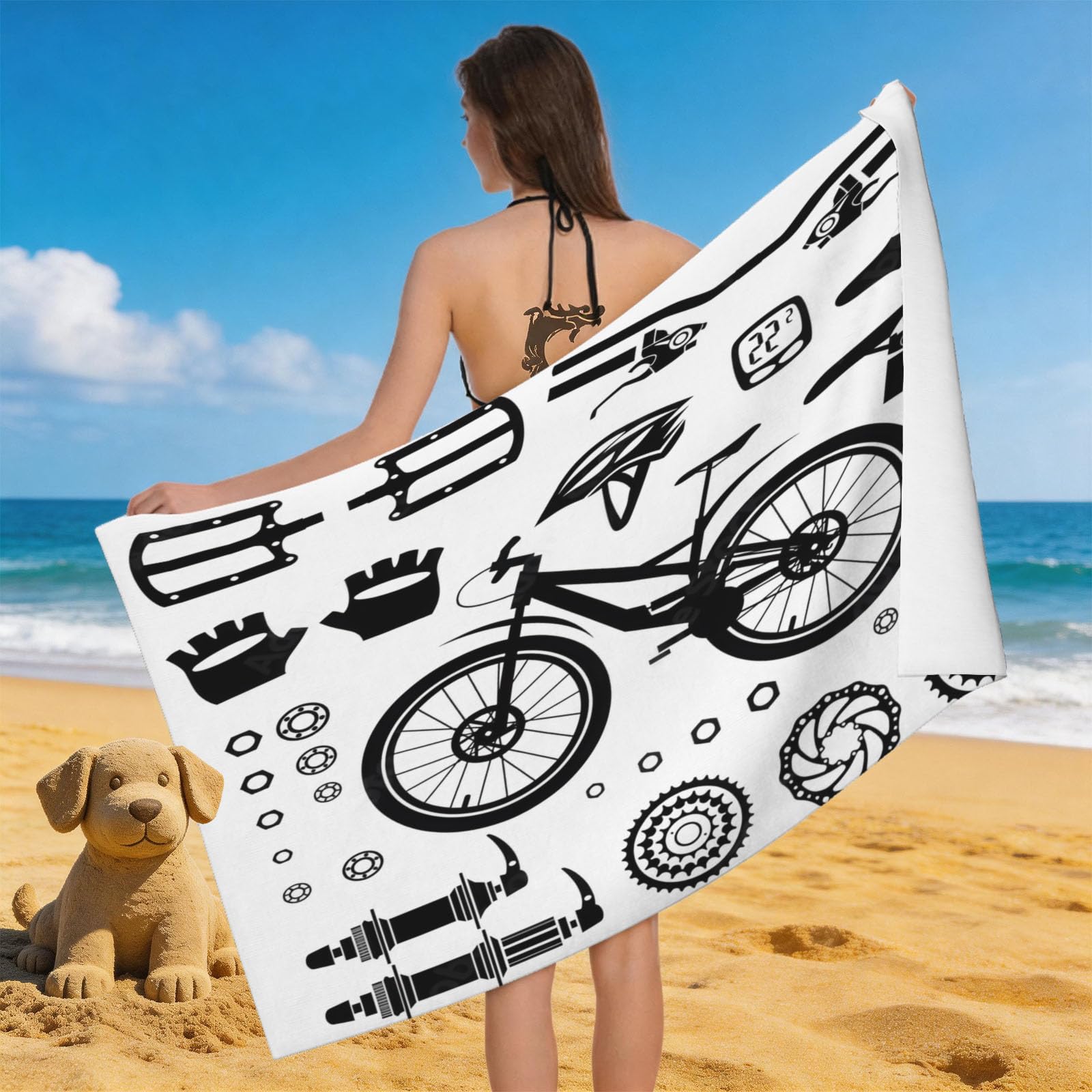 Leichong 3D Bicycles Beach Towel Large Microfiber Soft Quick Dry for Adults, Black Silhouette Bath Towel Lightweight Soft Absorbent for Travel Swimming Pool Sports, 80 x 160 cm