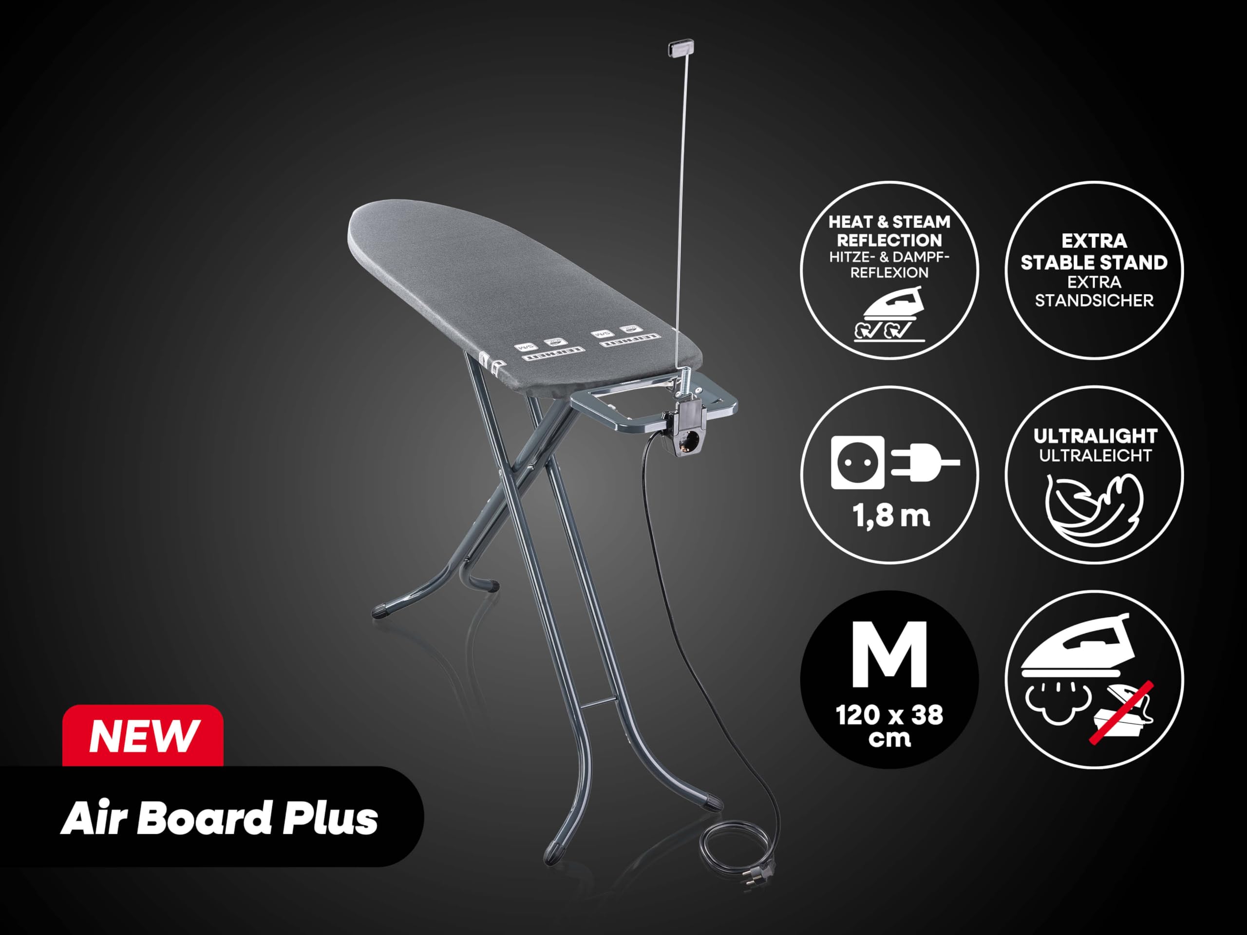 Leifheit Bügeltisch Air Board M Black Plus, Bügelbrett mit 120x38 cm Thermo‑Reflect‑Bügelfläche, Zwei‑Seiten‑Bügeleffekt, Anthrazit‑Design, höhenverstellbar bis 98 cm, Feste Bügeleisenablage