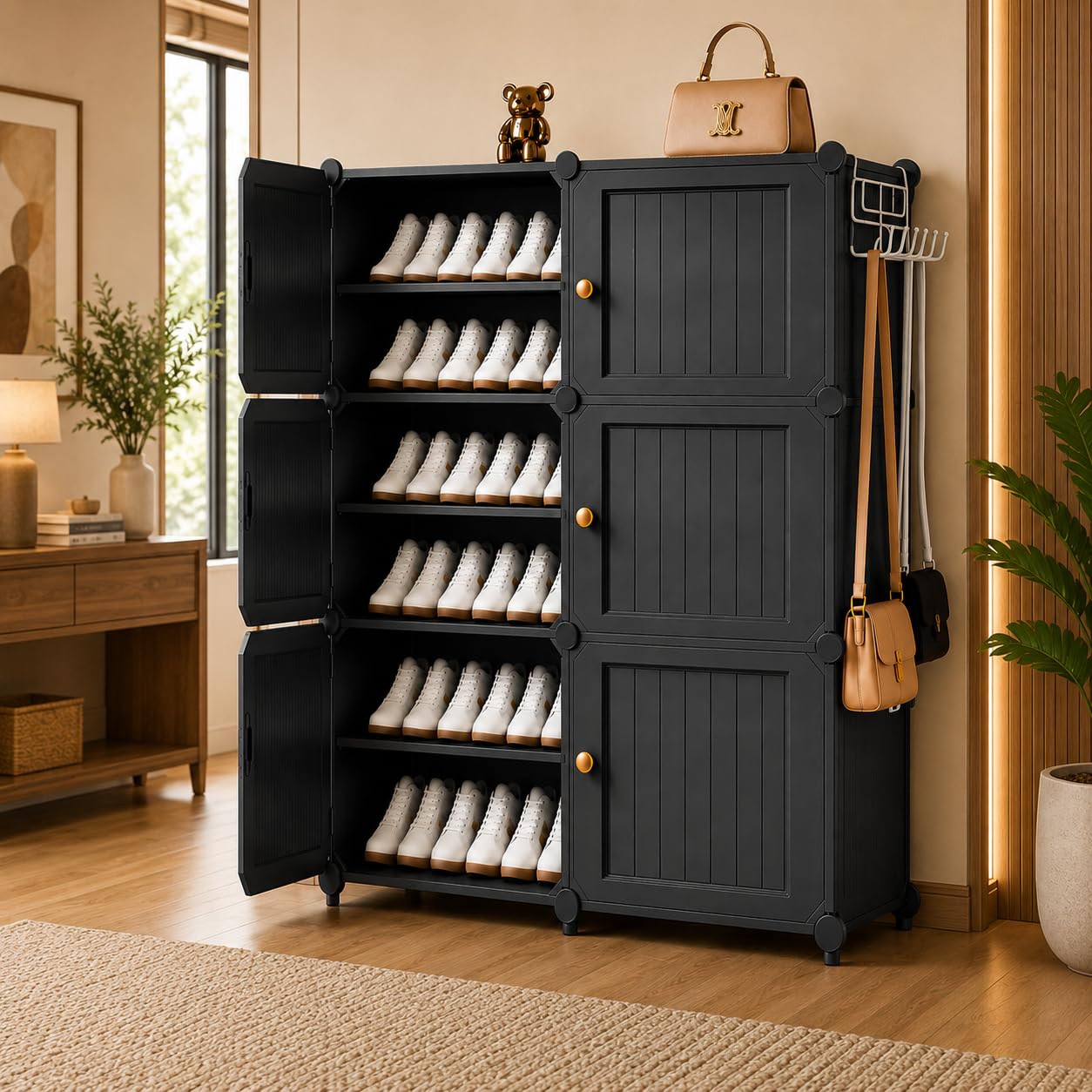 Mevigo Plastic Shoe Rack for Home with Door | 12-Tier Stackable Shoe Organizer | Holds 24 Pairs |Waterproof & Dustproof | DIY Modular Shoe Cabinet |Chappal Slipper Stand for Bedroom -HA2
