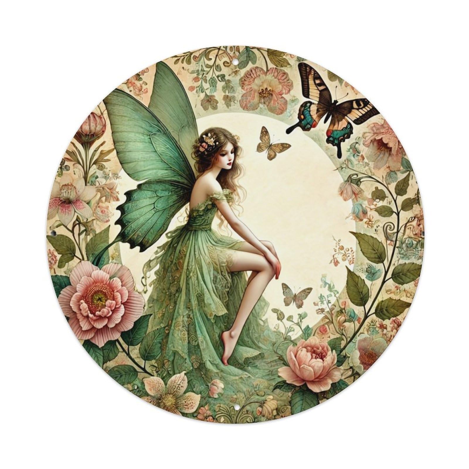 Fairy Wings Flowers Butterflies Garden Vintage Round Tin Sign Retro Metal Wall Decor Metal Poster, Home Bar Garage Cafe Wall Art Decoration 8x8Inches