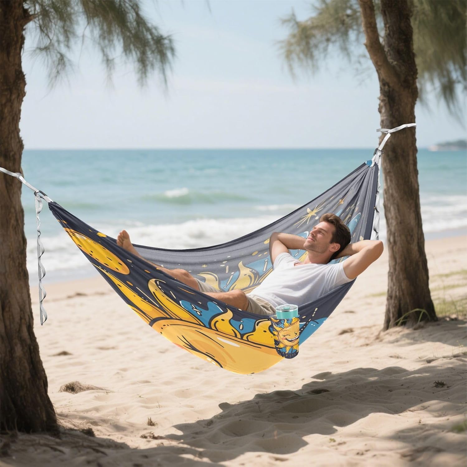 ALAZA Sun Moon Star Cartoon Funny Camping Hammocks Single or 2 Person 500 lbs Portable Parachute Travel Hammock w/Tree Straps for Hiking Backpacking Indoor Outdoor