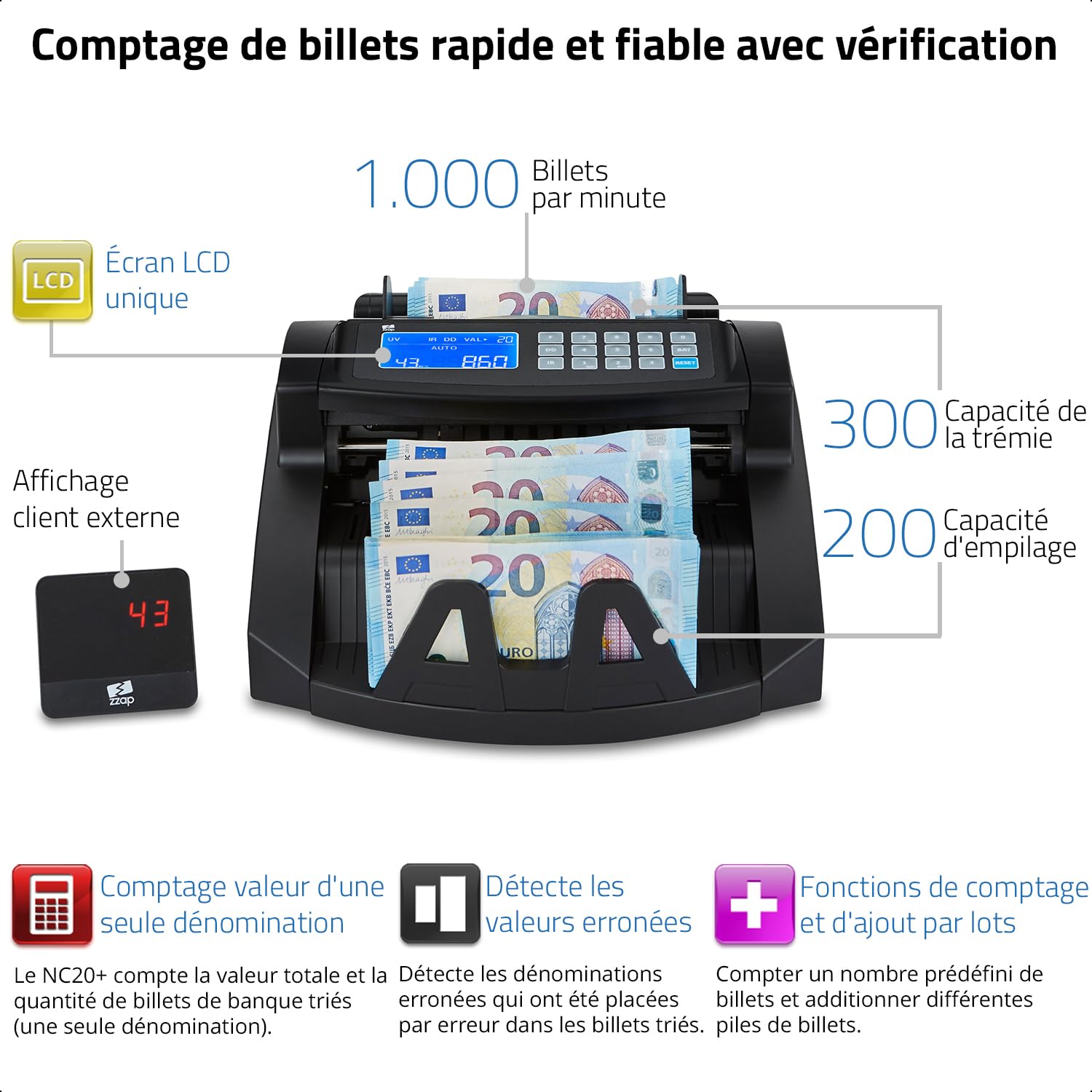 ZZap NC20+ Compteuse de Billets & Détecteur de Contrefaçons - Compte 1000 billets par minute, compte par lots, détecte les contrefaçons sur 4 points et plus encore!