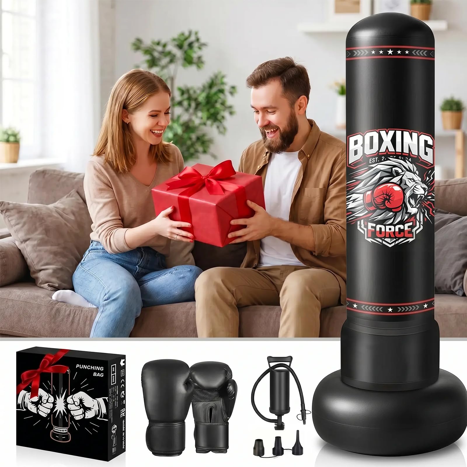 Qoosea Sacco da Boxe da Terra 190cm, Stabile Sacco da Boxe per Adulti Pungiball con Guantoni e Pompa, Sacchi da Box Gonfiabile per Pratica di TaekwondoKarate MMA Fitness
