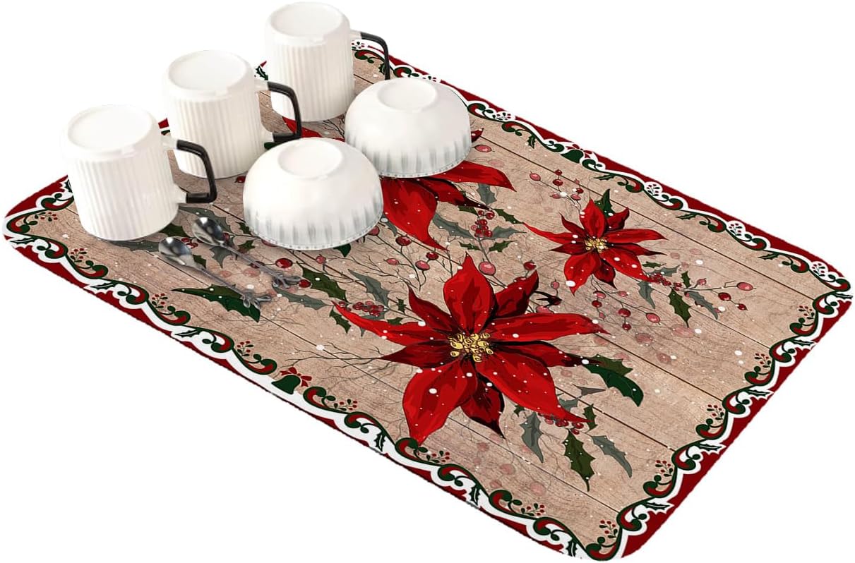Christmas Poinsettia Dish Drying Mats for Kitchen Counter/Sink, Absorbent Bottle Drying Mat, Xmas Berry Botanical Vintage Wooden Dish Drainer Mat Non-Slip Coffee Mat Dish Drying Pad 16"x18"
