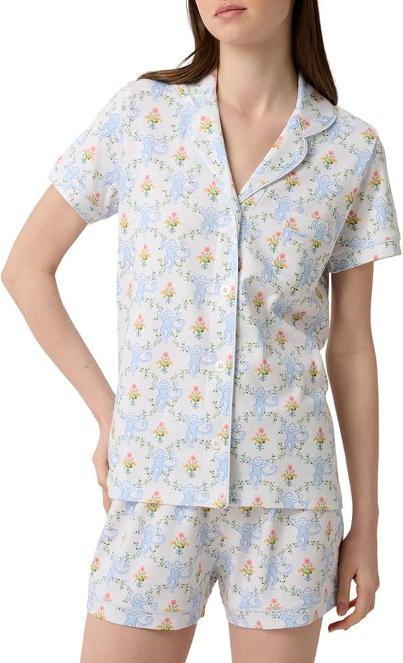 Womens Cute Monkey Pajamas Set Button Down Summer Loungewear PJs