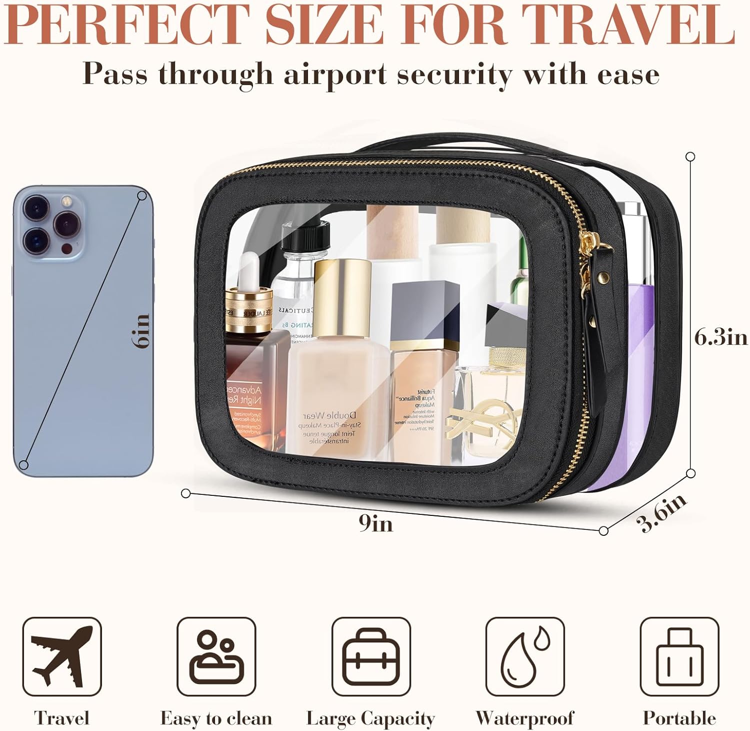 Beaulyn Clear Makeup Bag for Women - Waterproof Travel Toiletry Bag, Transparent Leather Cosmetic Organizer with Handle, Large Makeup Pouch for Travel - Image 2