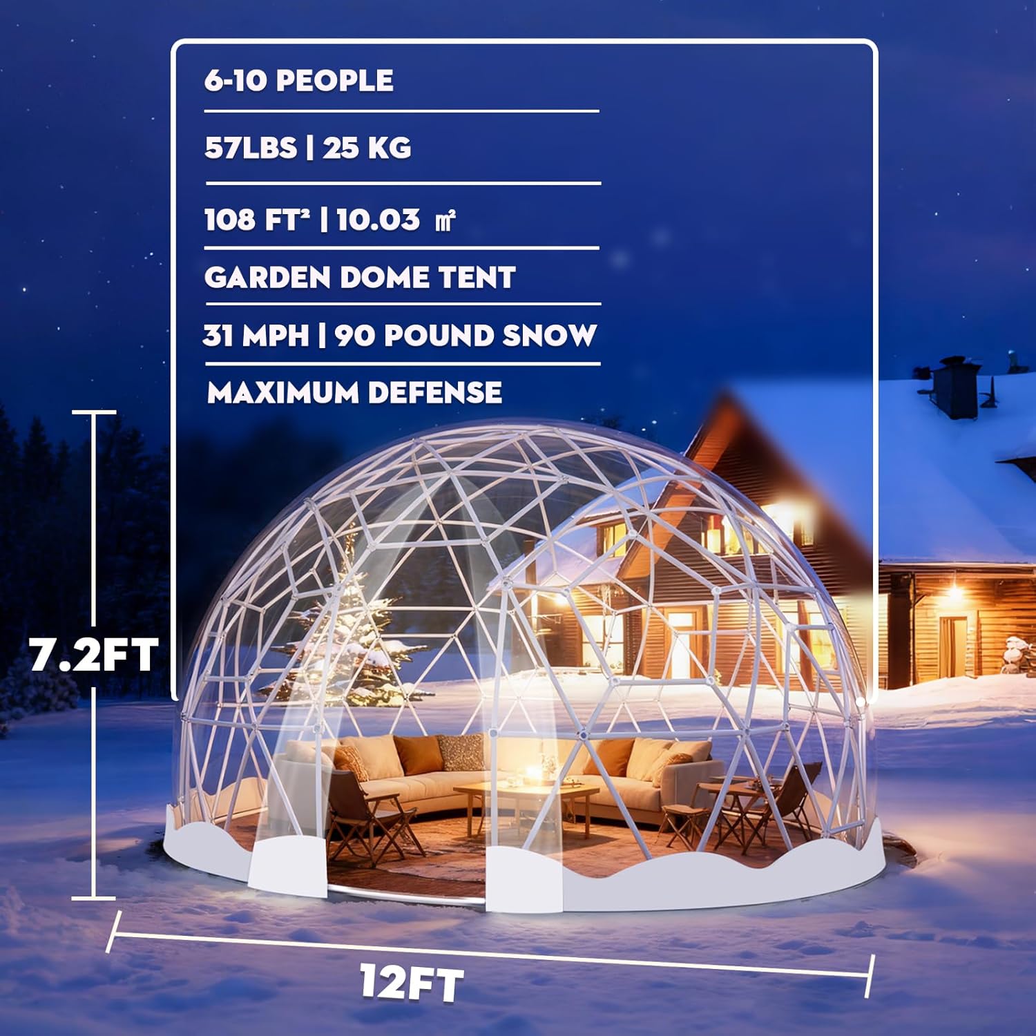 12FT Garden Dome Tent, Geodesic Dome Greenhouse with PVC Clear Cover, Waterproof Garden Bubble Dome Tent House with 2 x 10M Light Strings for Outdoor, Patio, Party (White, 12.5FT/3.81M)