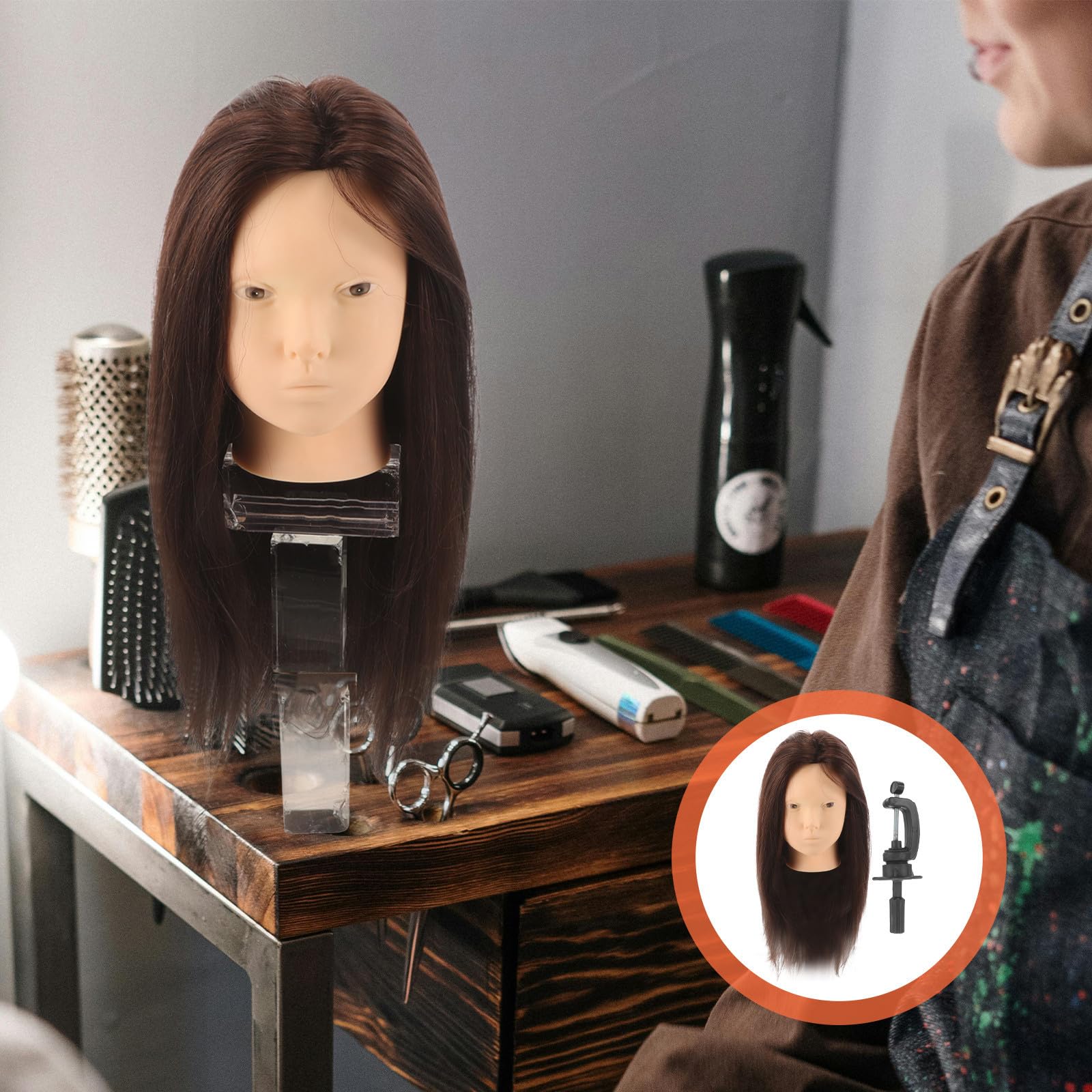 TEHAUX Frisierkopf Echthaar Übungskopf mit Halterung zum Haarstyling und Flechten Glatte Textur für Friseurschule und Salonpraxis