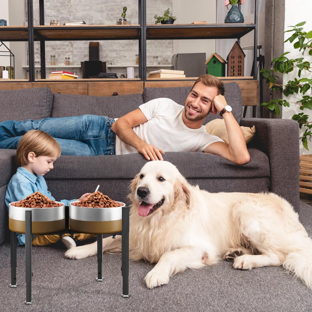 Soporte Elevado para comederos de Perro, Soporte metálico Mejorado para Dos comederos, 4 Alturas y anchuras Ajustables, Soportes a Prueba de Fugas para Perros pequeños, medianos y Grandes