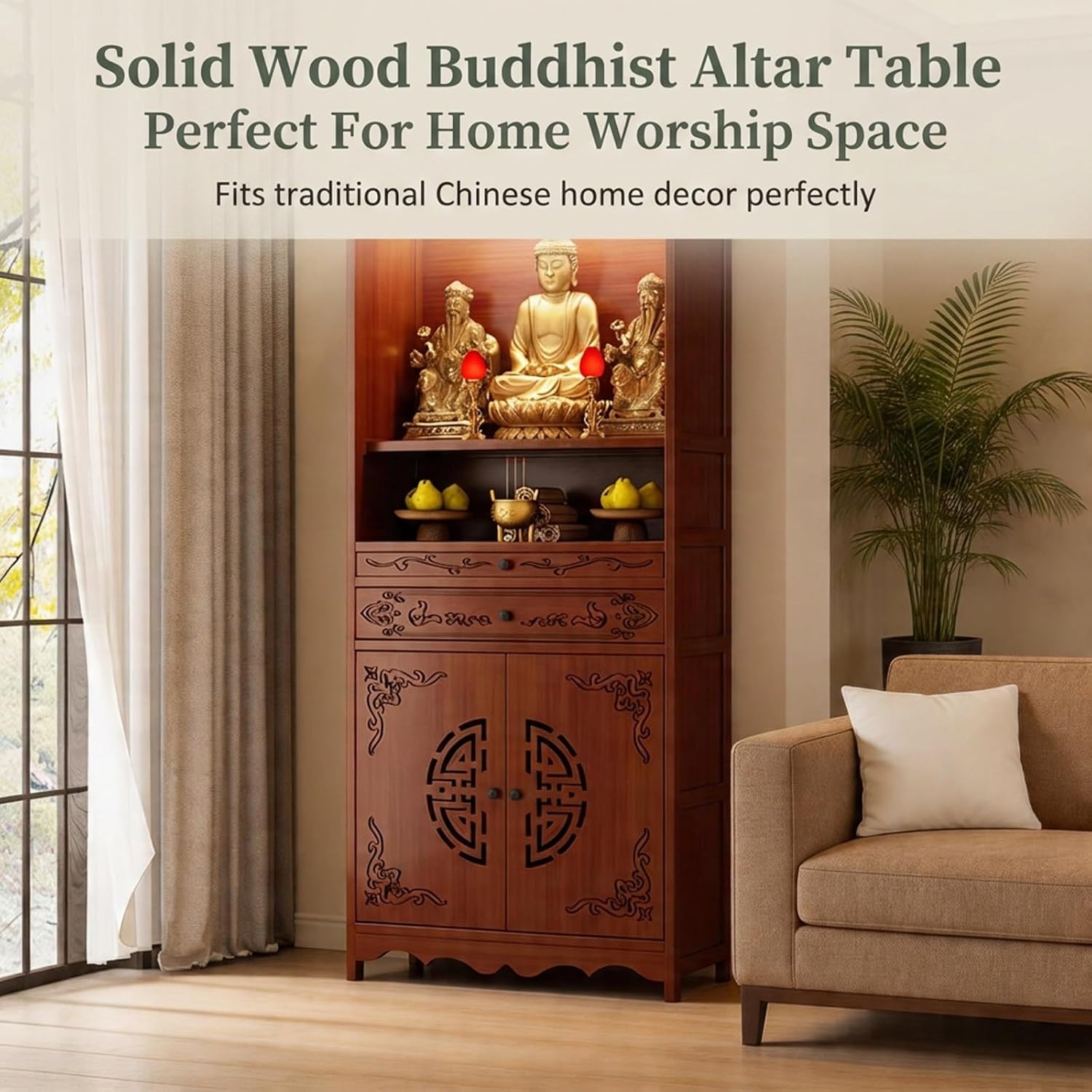 Solid Wood Altar Table with Storage, Buddhist Altar Cabinet for Home