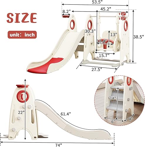 Miniatura 6 de Merax Juego de tobogán y columpio 4 en 1 para bebé, tobogán interior para niños con aro de baloncesto, escalador y columpio, tobogán de juegos al